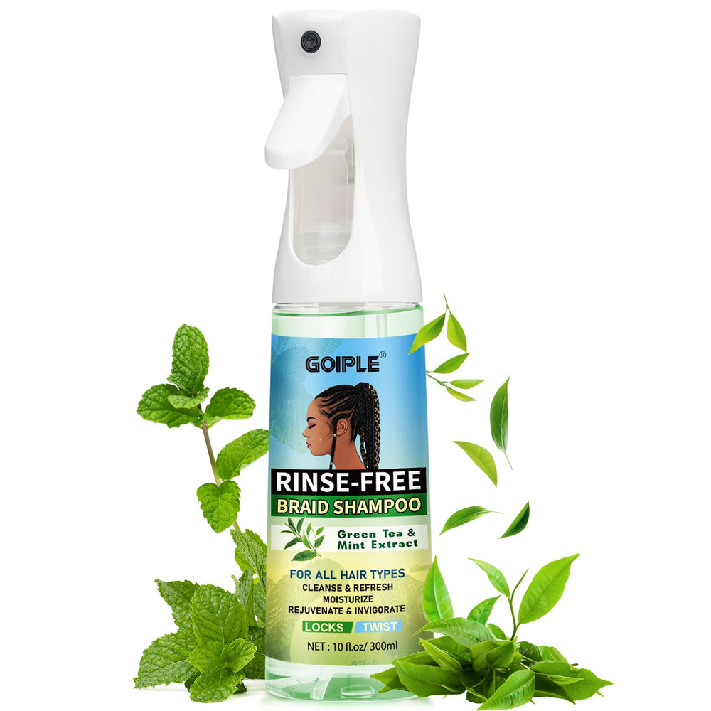 Goiple rinse-free shampoo bottle demonstrates no-water cleansing for braids.