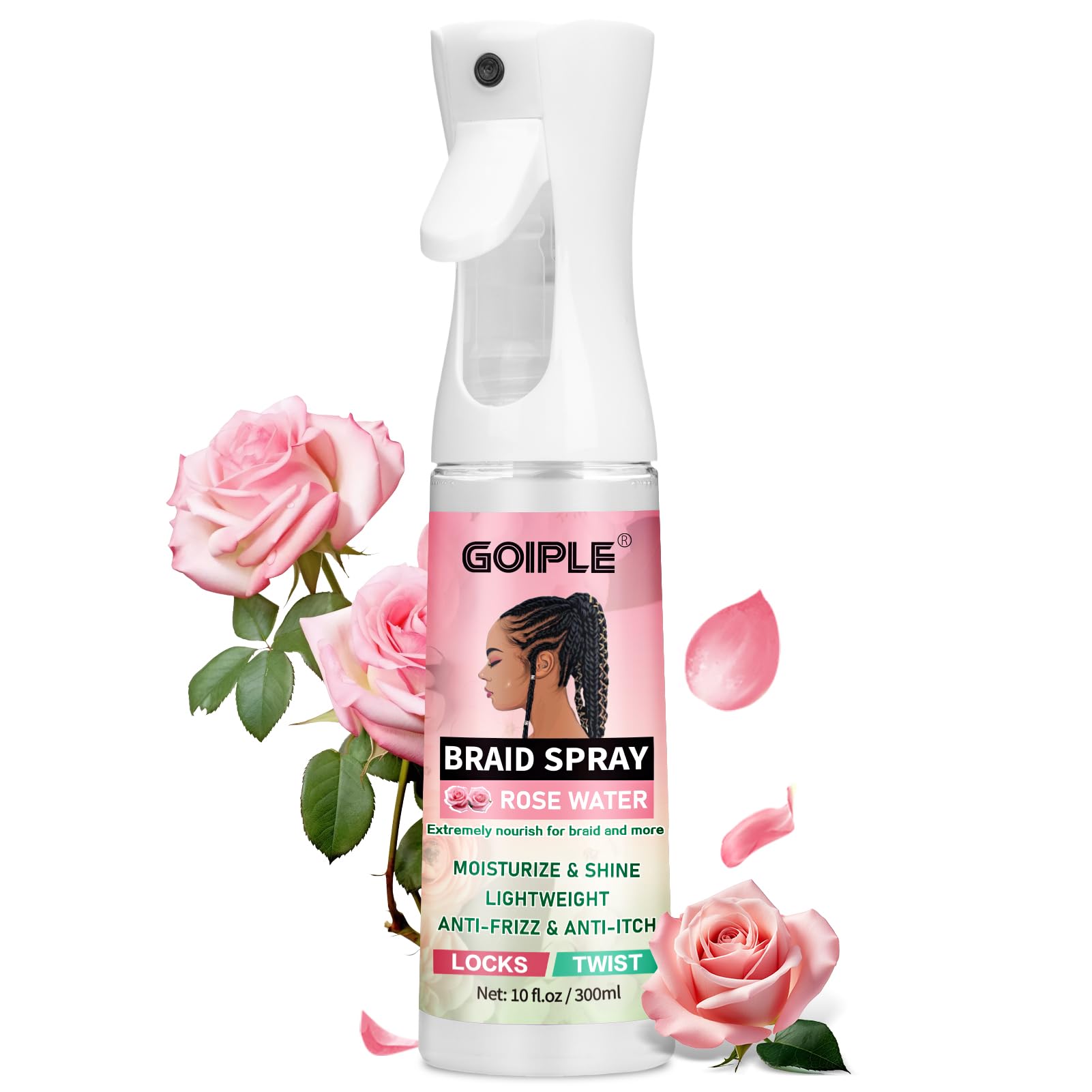 Goiple rose water braid spray bottle delivers a lightweight hydrating mist for locs.