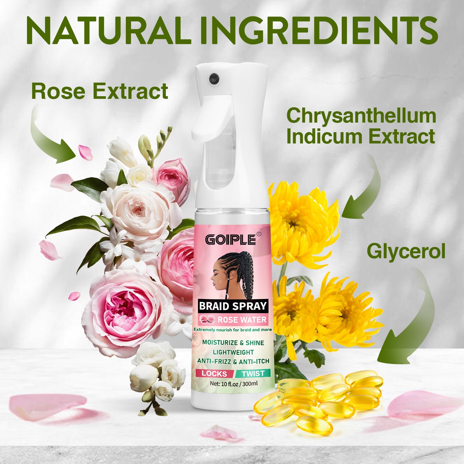 Goiple rose water spray on hair demonstrates quick refreshment and natural shine.