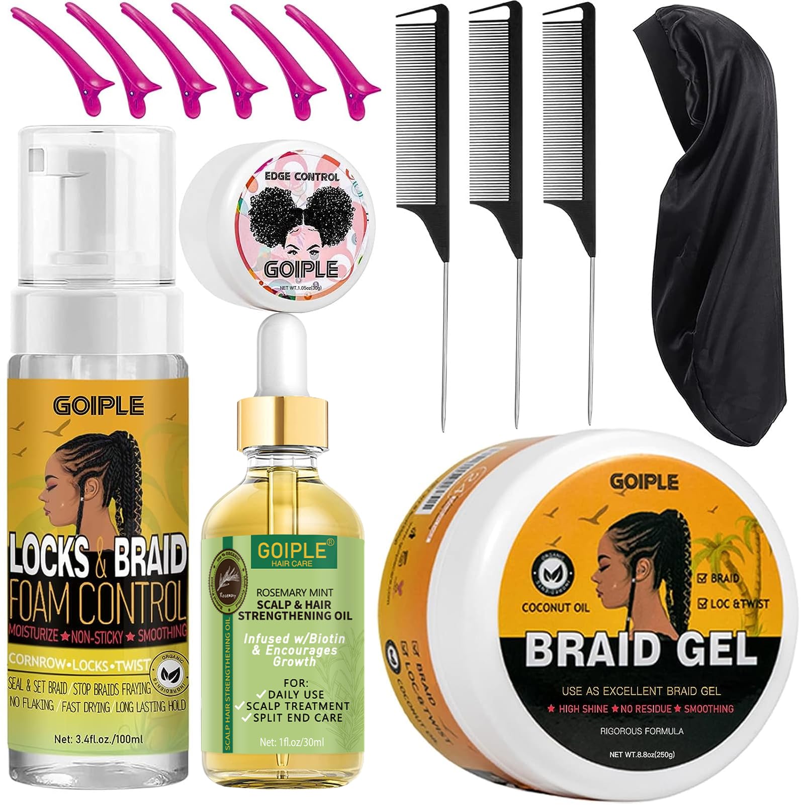 Goiple strong hold braiding gel bottle showing frizz control and hold capability