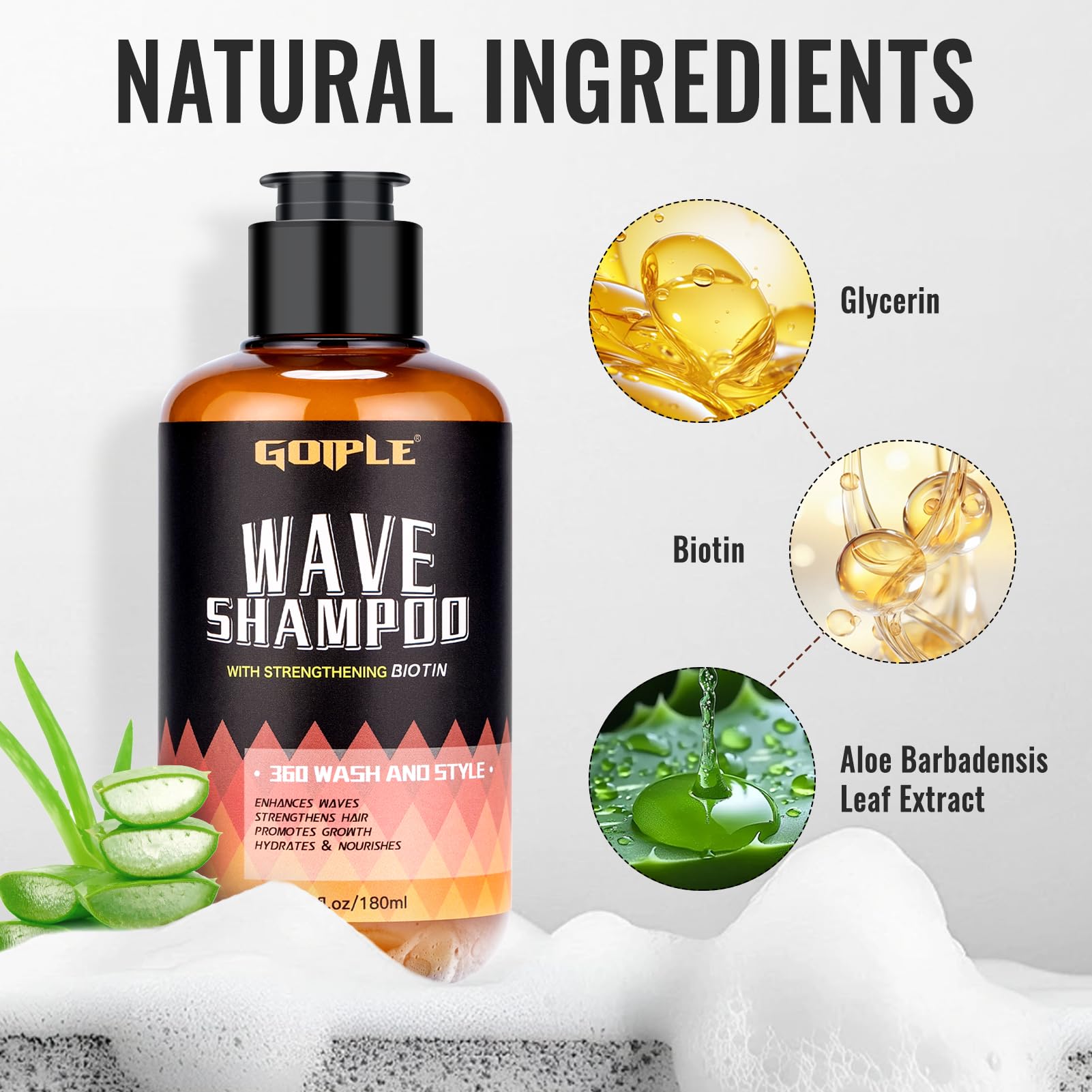 Goiple wave shampoo bottle close-up highlights easy wash and scalp-friendly cleansing.