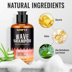 Goiple wave shampoo bottle close-up highlights easy wash and scalp-friendly cleansing.