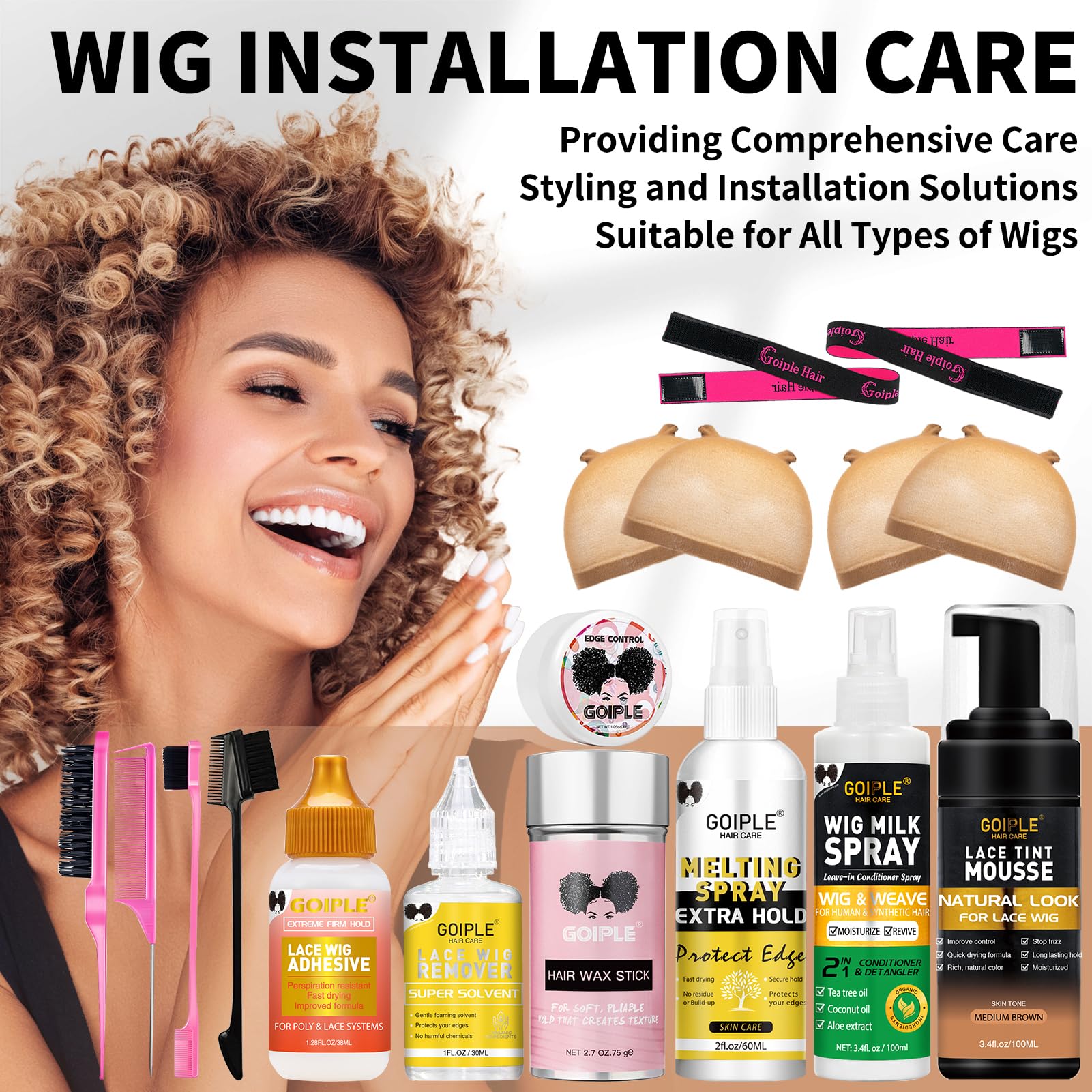 Goiple wig caps and brushes: essential accessories for hygienic wig handling.