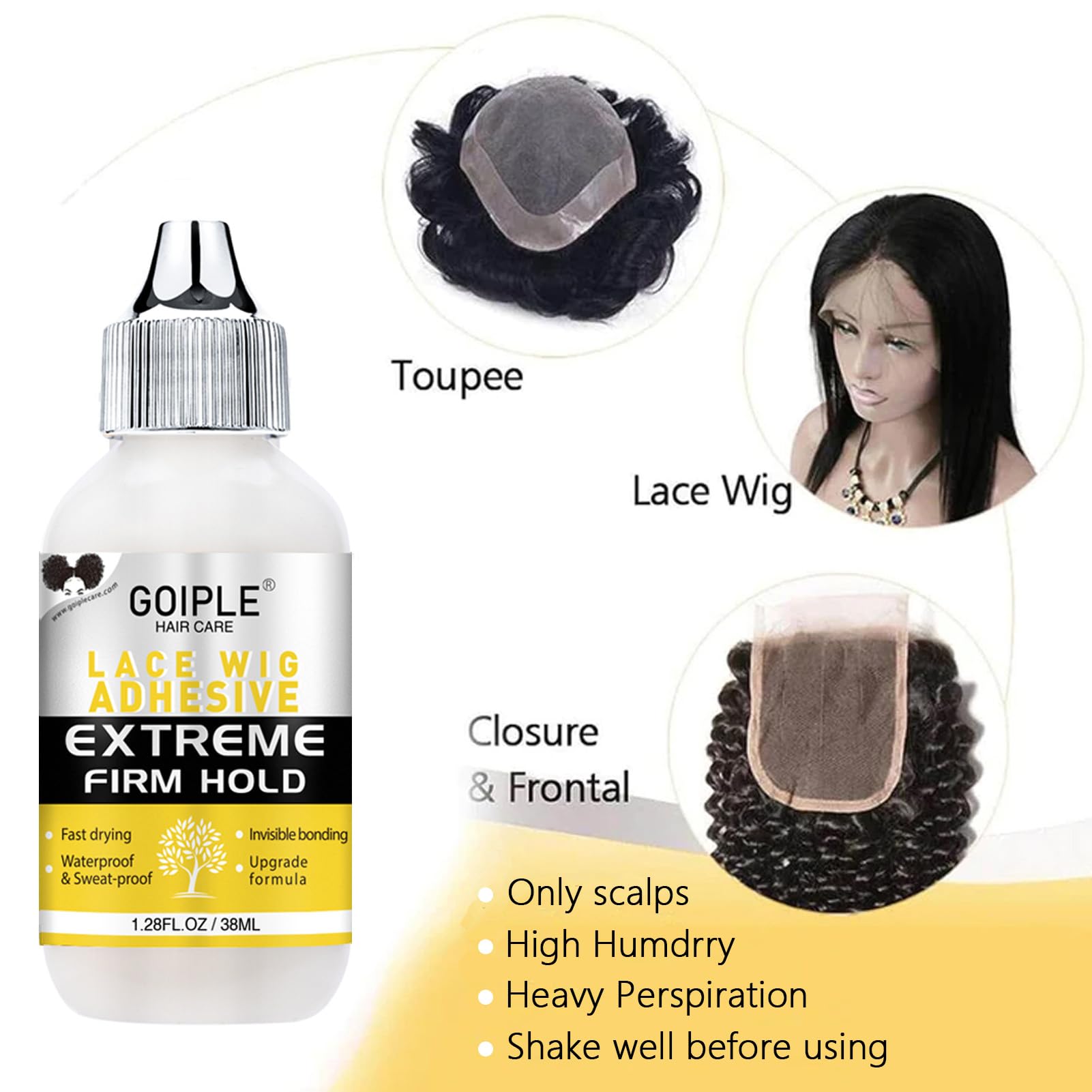 Goiple-wig-glue-remover highlights quick cleanup after wardrobe changes.