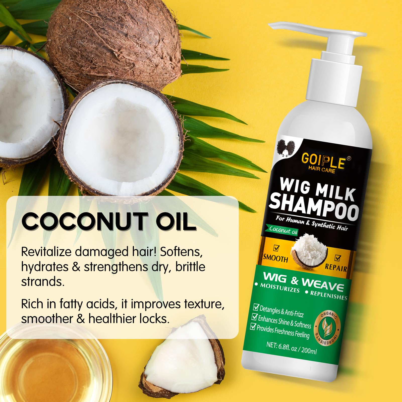 Goiple Wig Milk Spray bottle shows conditioning and detangling for smooth, tangle-free strands.