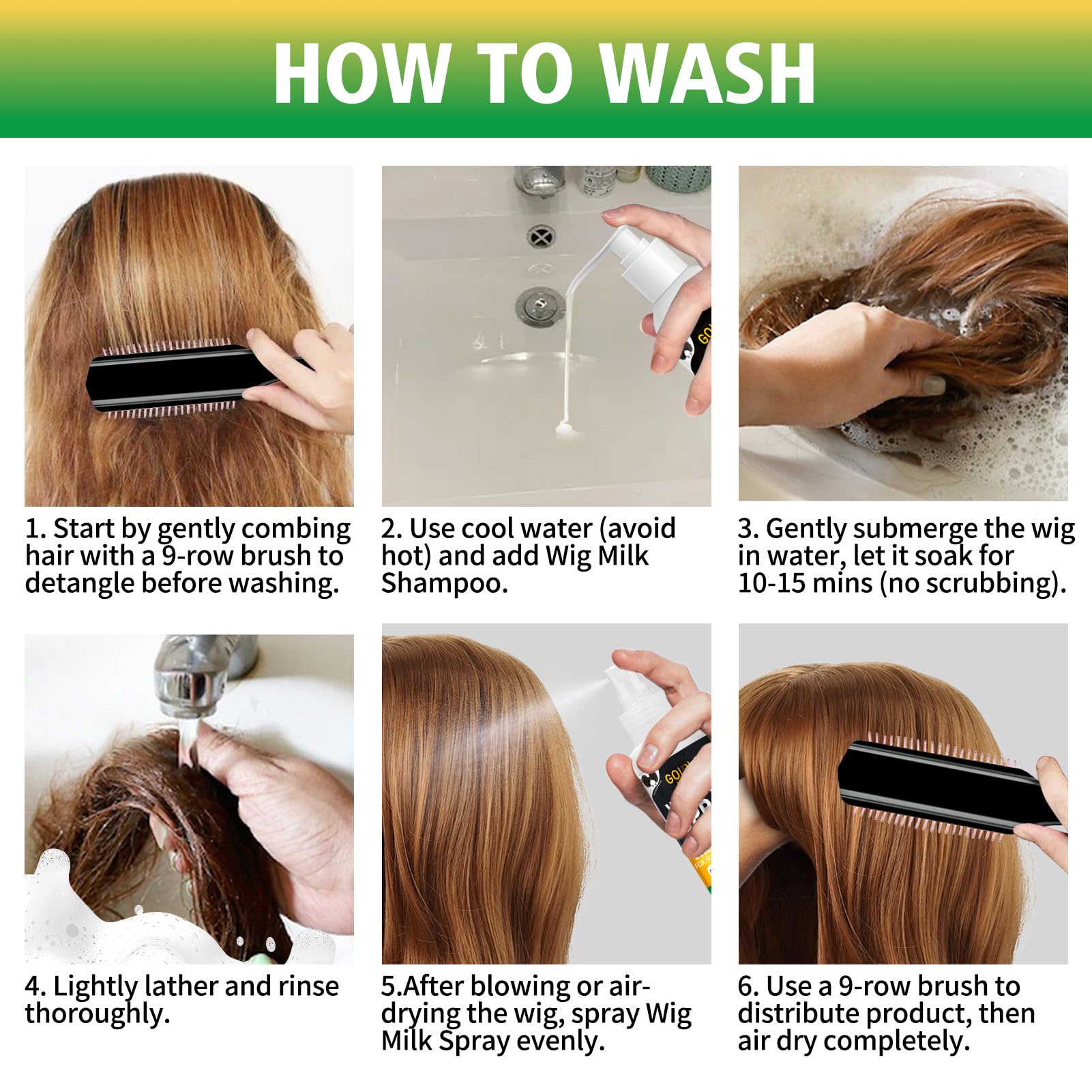 Goiple Wig Milk Spray mist on hair demonstrates frizz-free, silky finish.