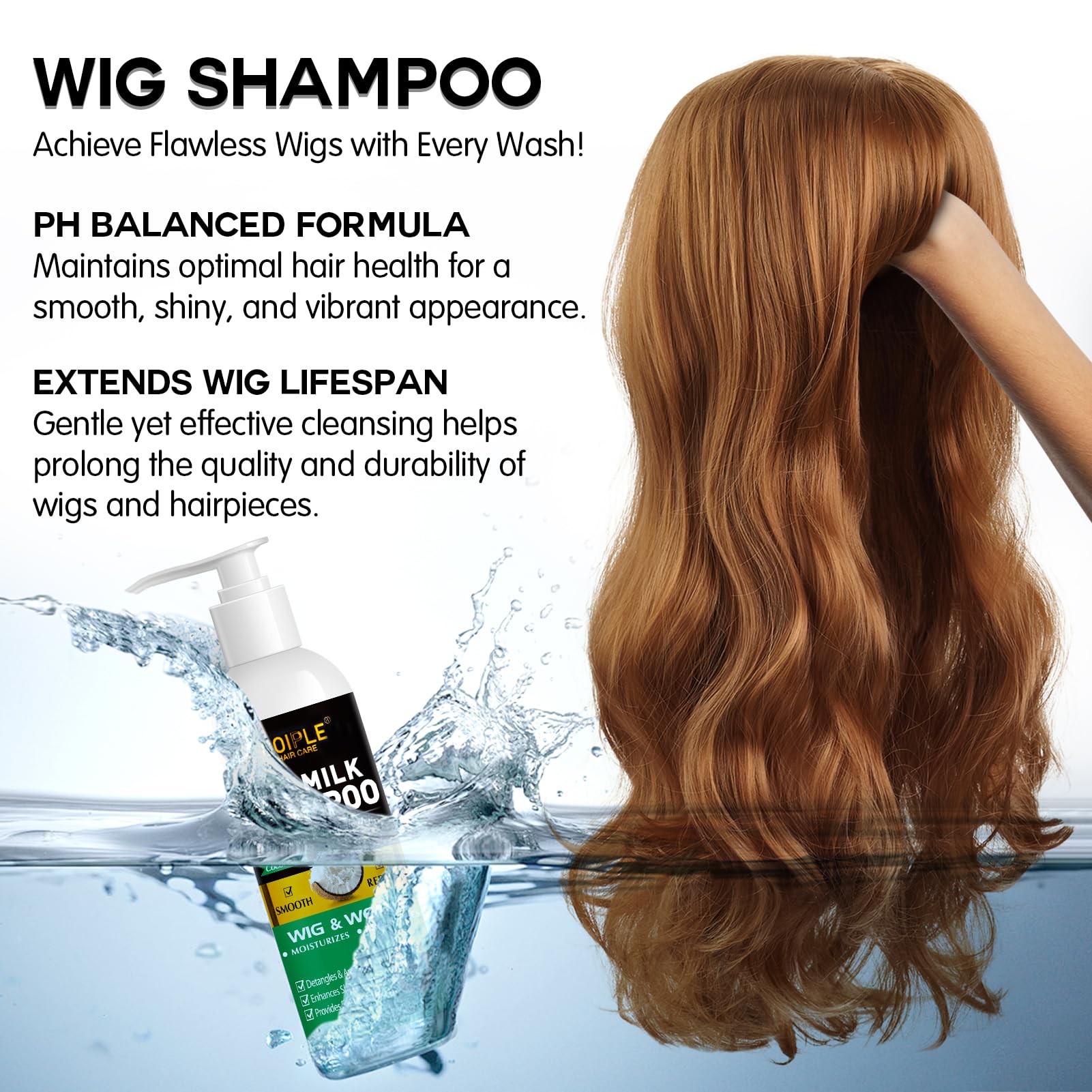 Goiple Wig Shampoo bottle with conditioner closeup explains two-step care kit.