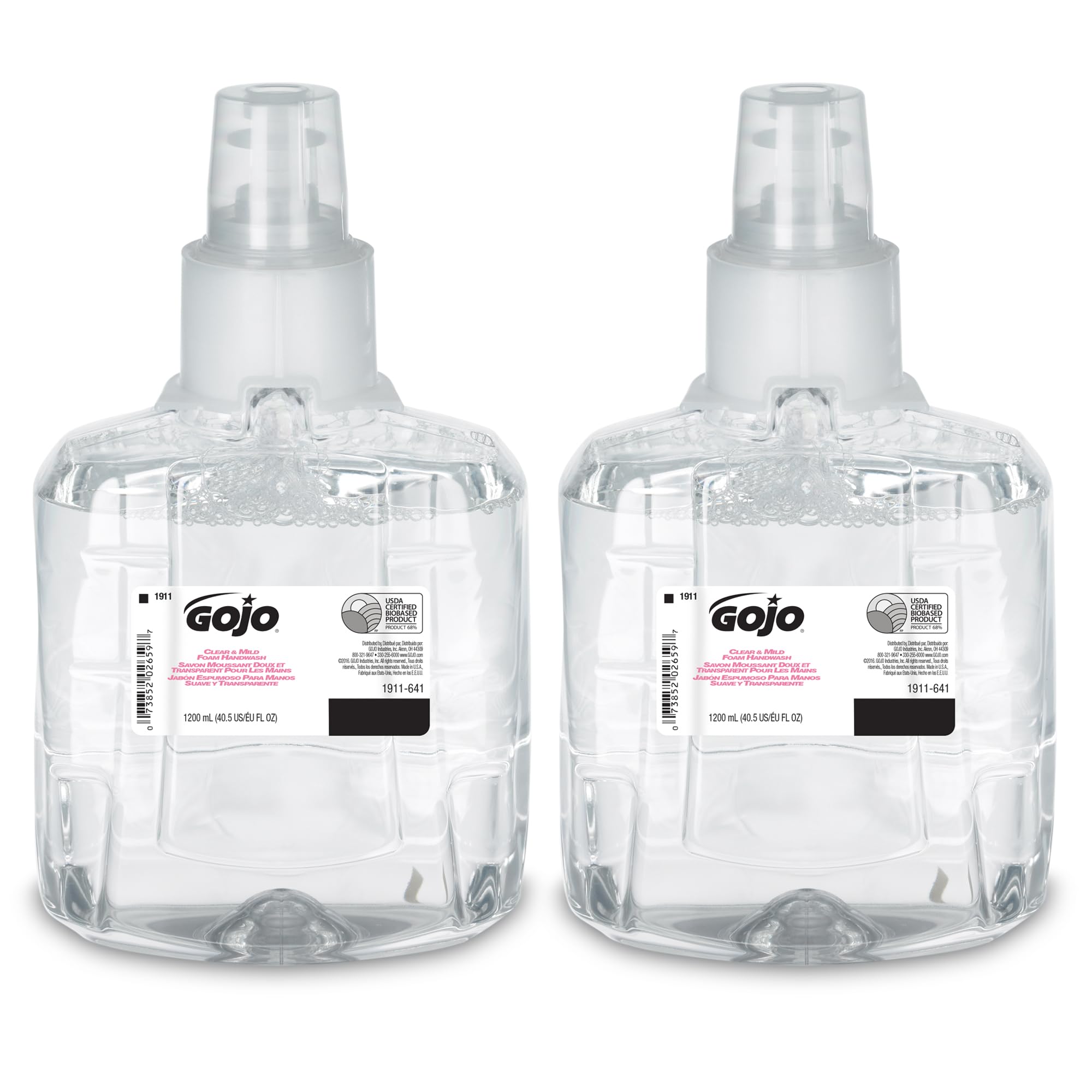 GOJO Clear & Mild Foam Handwash bottle, fragrance-free formula for sensitive noses.