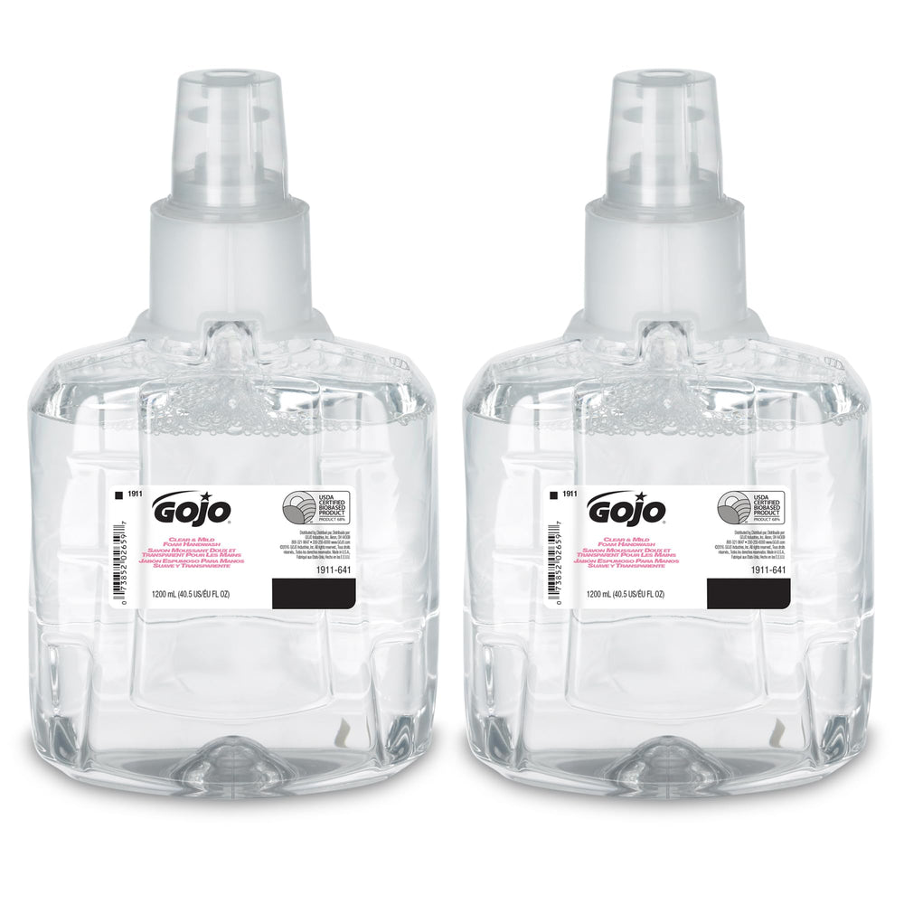 GOJO Clear & Mild Foam Handwash bottle, fragrance-free formula for sensitive noses.
