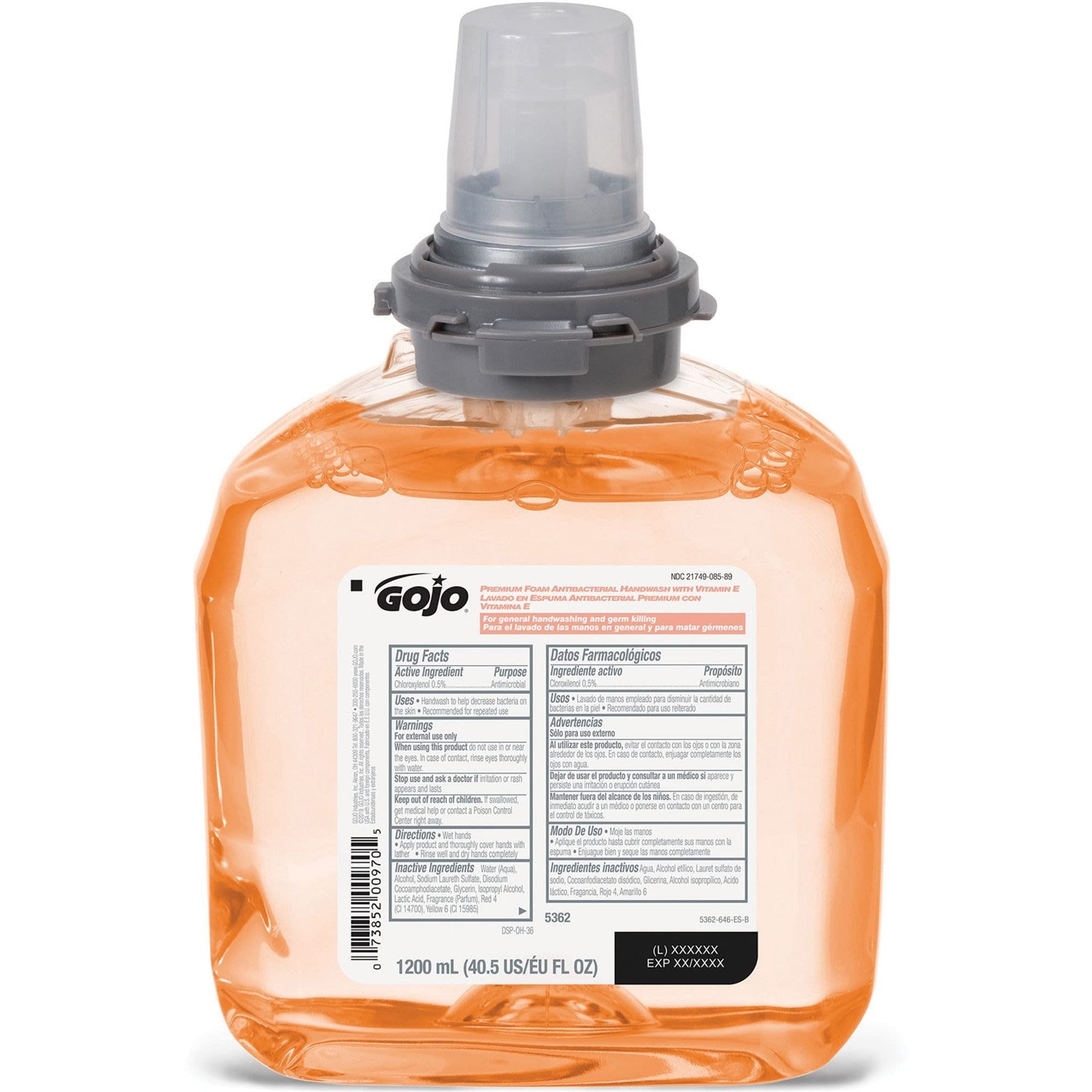 GOJO Premium Foam Handwash refill label shows Fresh Fruit Scent for pleasant washes.