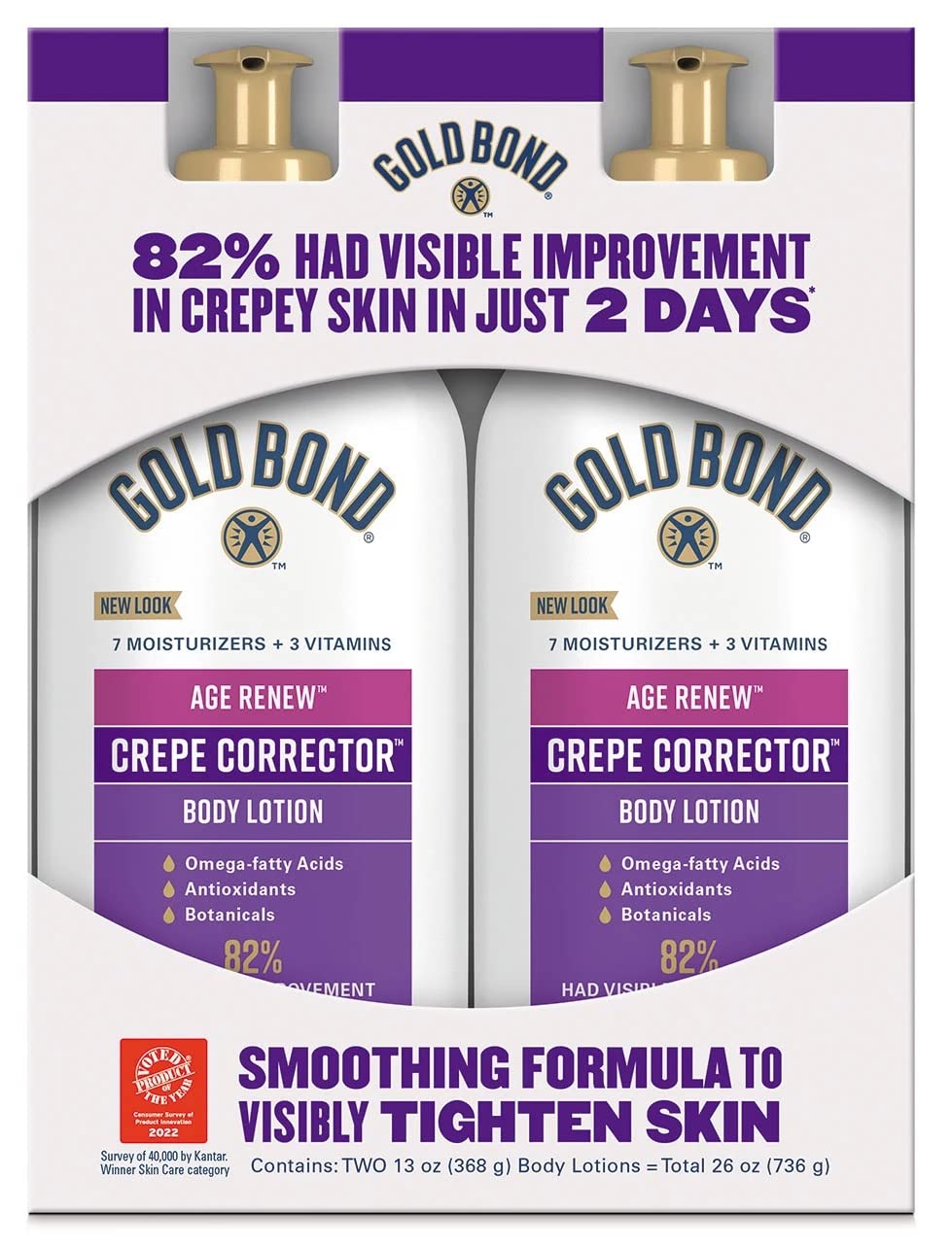 Gold Bond Age Renew Crepe Corrector bottle close-up showing replenishing formula for smoother skin.