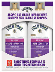 Gold Bond Age Renew Crepe Corrector bottle close-up showing replenishing formula for smoother skin.