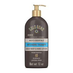 Gold Bond Men's Essentials Intensive Therapy Lotion bottle showing daily hydration for extra dry skin