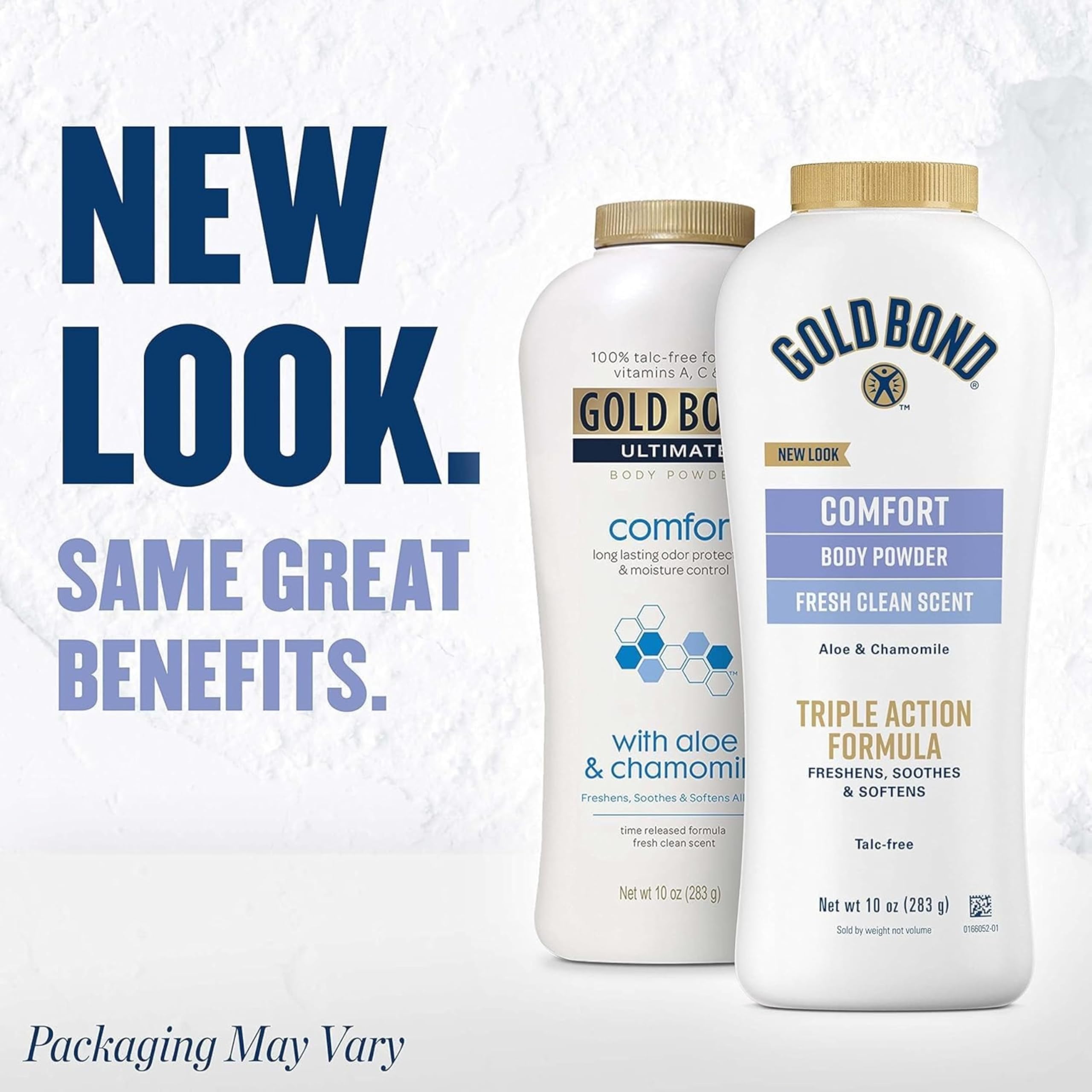 Gold Bond vitamin-enrichment closeup highlights A, C, E benefits.