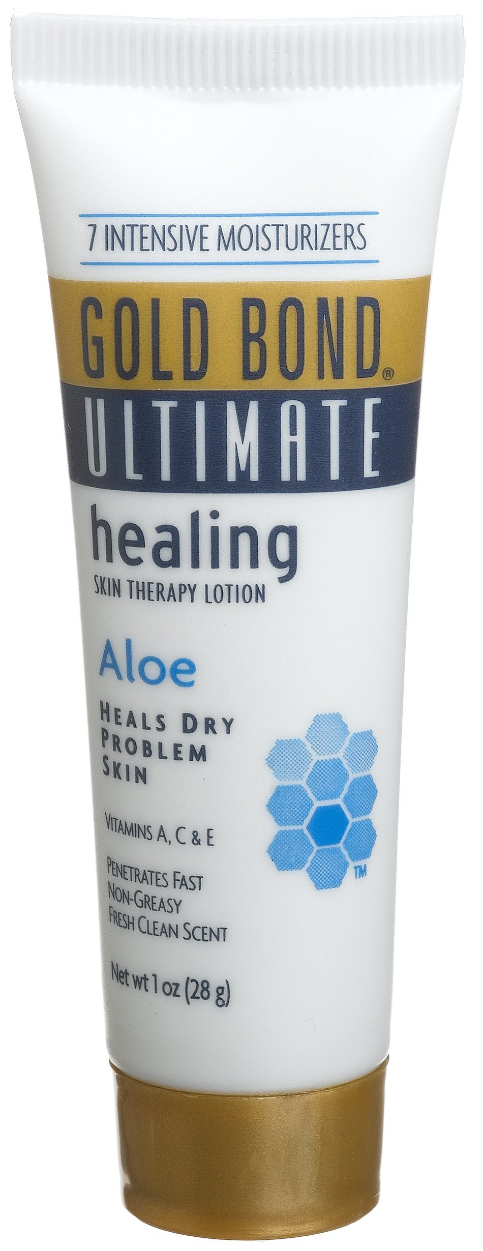Gold Bond Ultimate Healing Skin Therapy Lotion 1oz bottle delivers fast-absorbing moisture for dry skin.