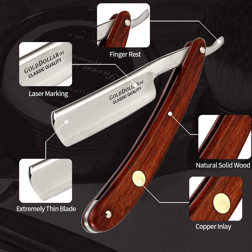 Gold Dollar packaging kit includes razor, strop, cream, brush for gifting and complete setup.