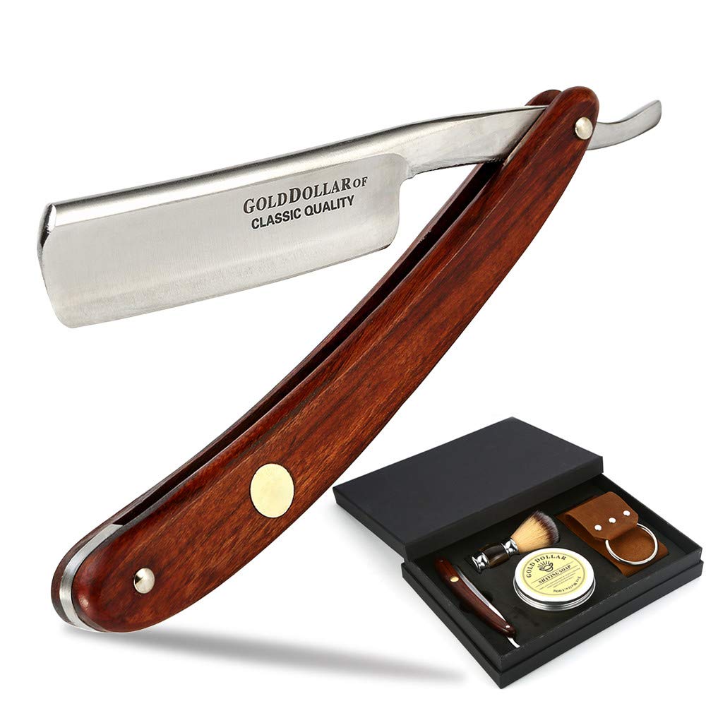 Gold Dollar straight razor with wooden handle, retro craftsmanship for precise, comfortable grooming.