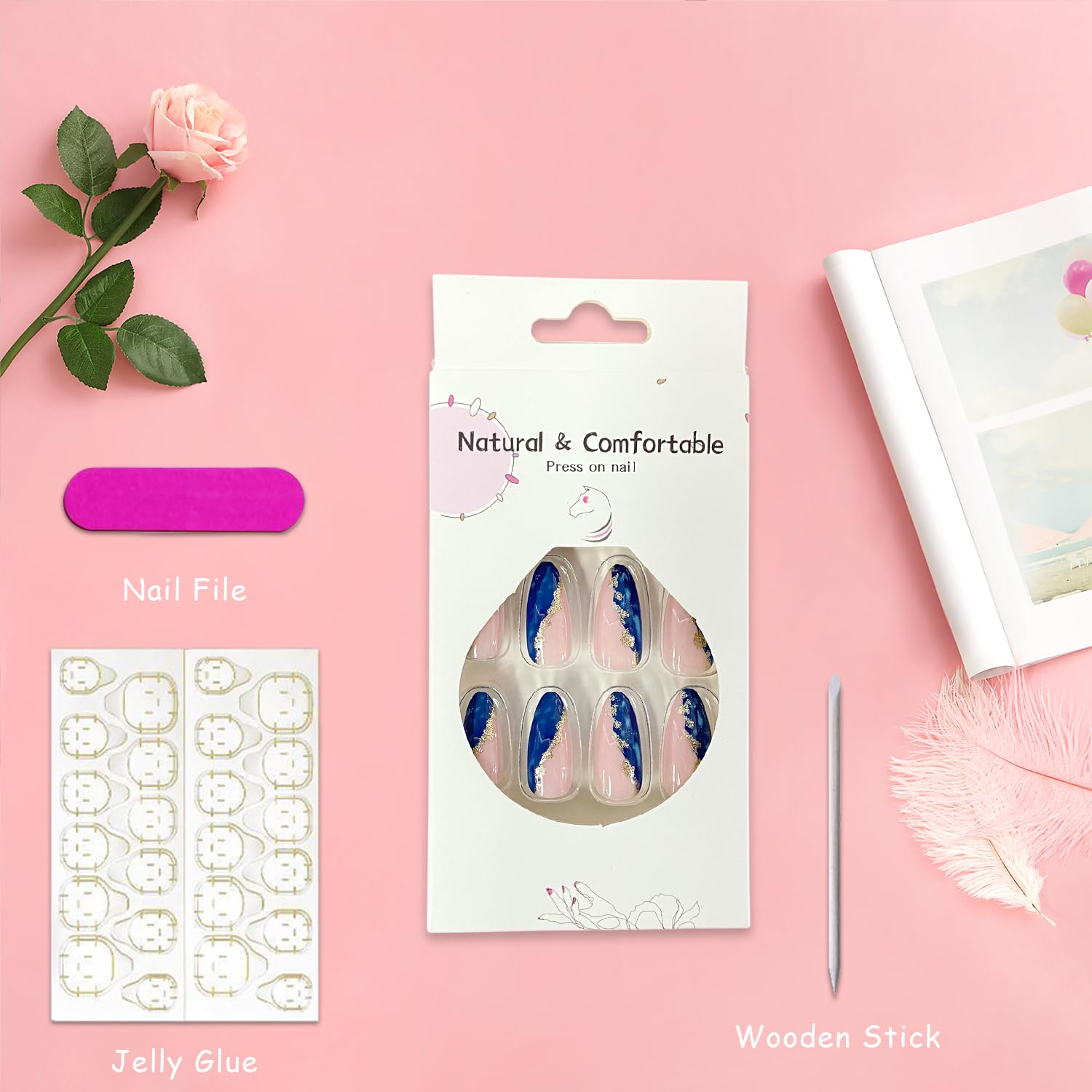 Gold Foil Blue Marble nail file and wooden stick prepare nails quickly.