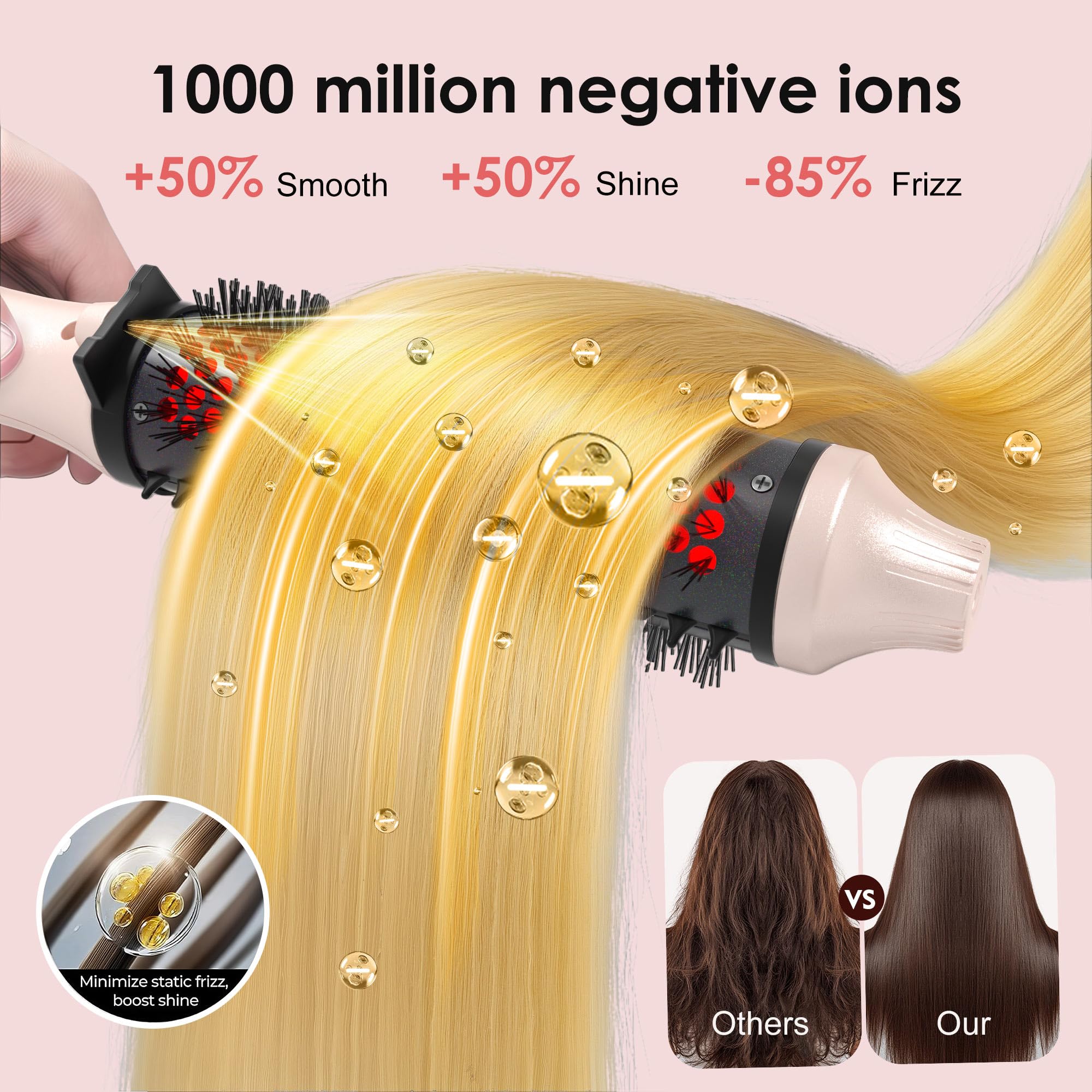 GOLD TIME infrared brush with ionic technology reduces frizz for shine.