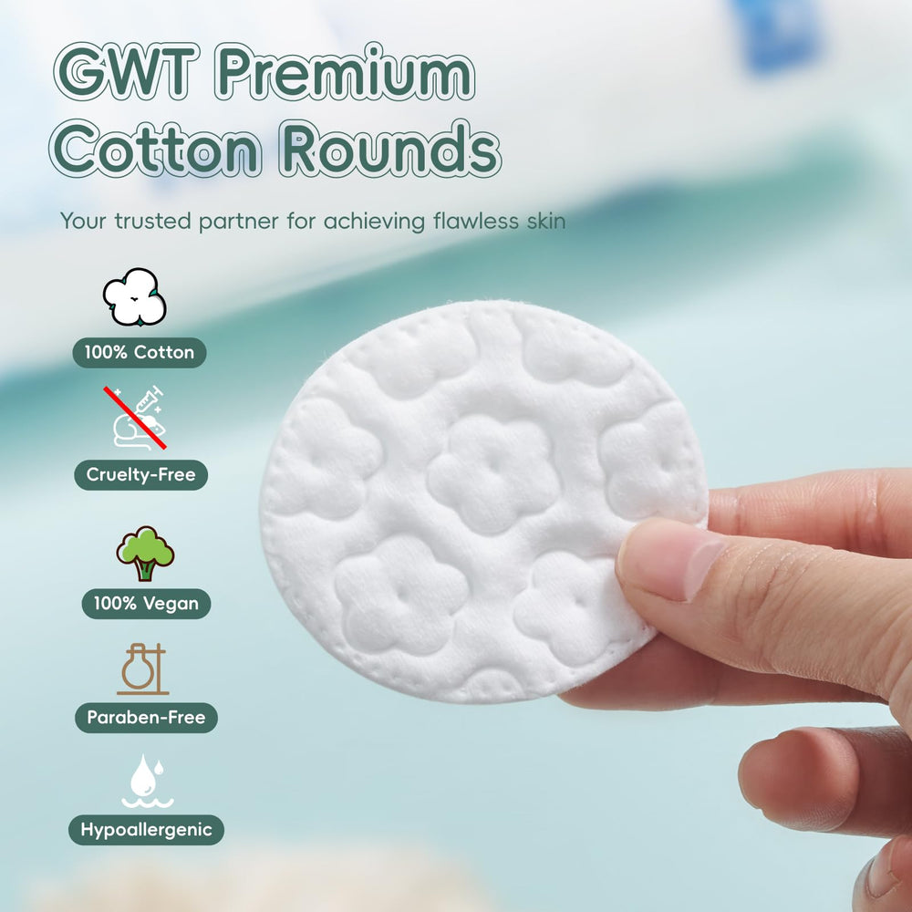 Gold Water Trading GWT cotton rounds demonstrate high absorbency for makeup and serums.