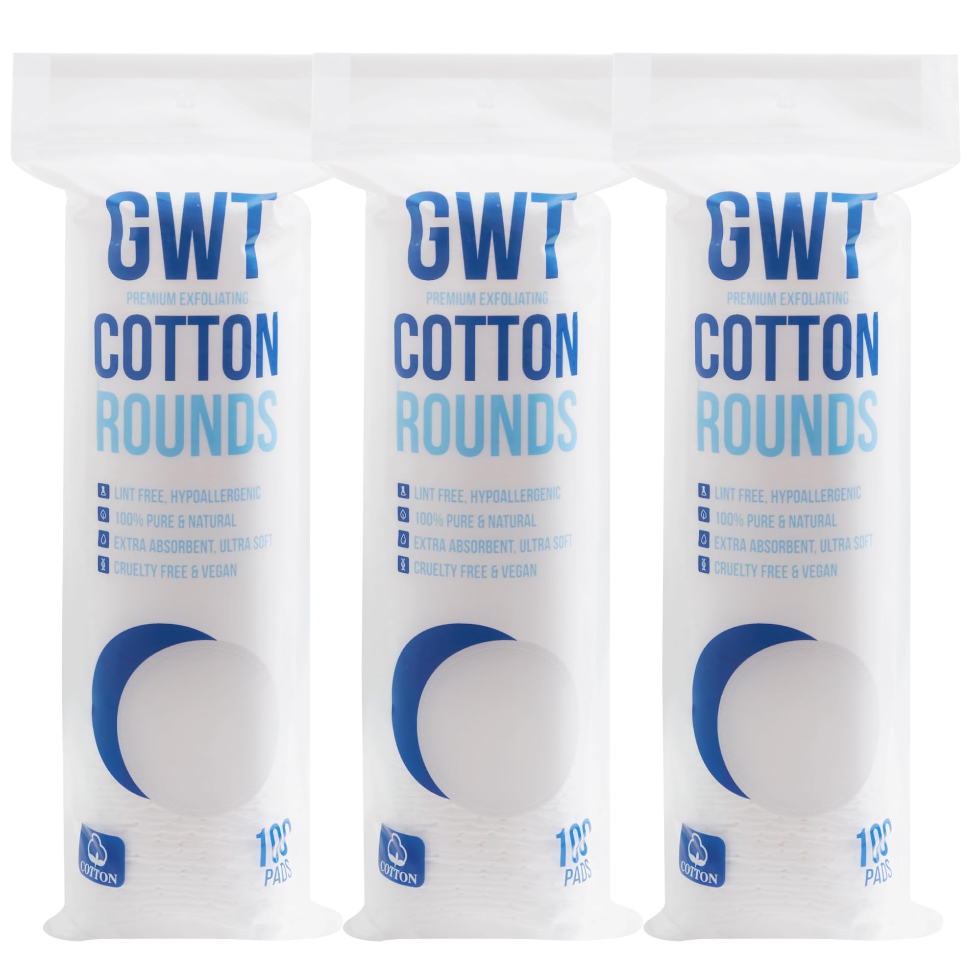 Gold Water Trading GWT cotton rounds closeup; ultra-soft for gentle makeup removal and delicate skincare.