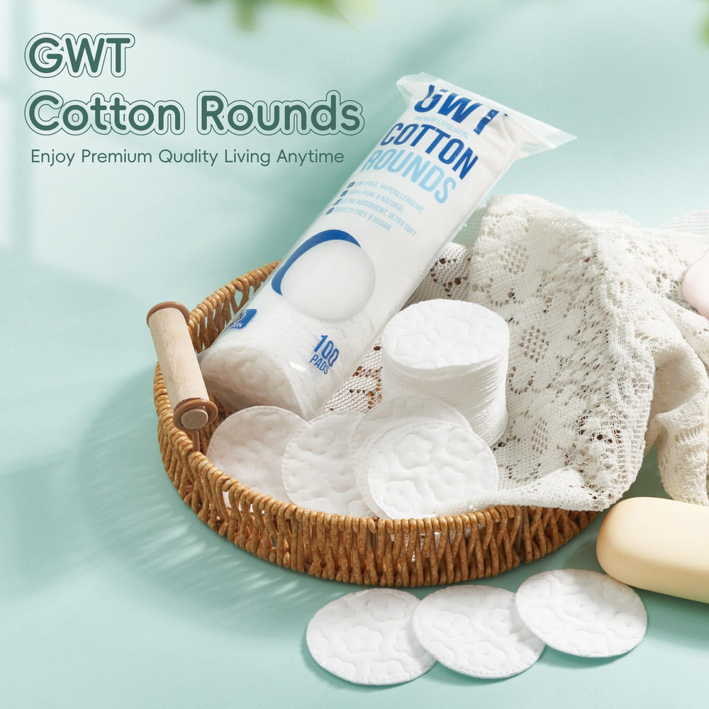 Gold Water Trading GWT cotton rounds are hypoallergenic, suitable for sensitive skin routines.