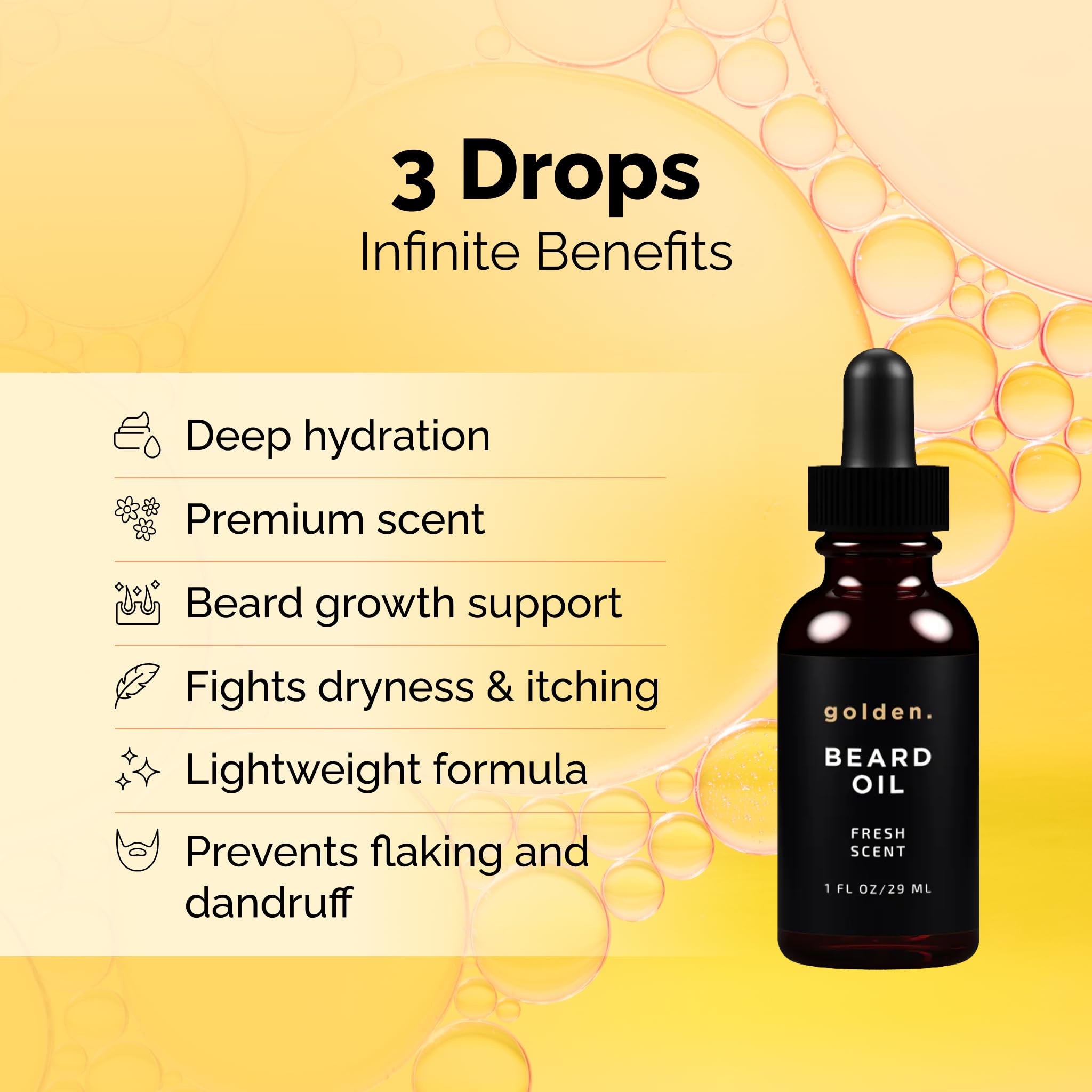 Golden Grooming Beard Oil pour shot highlights quick absorption and non-greasy feel.