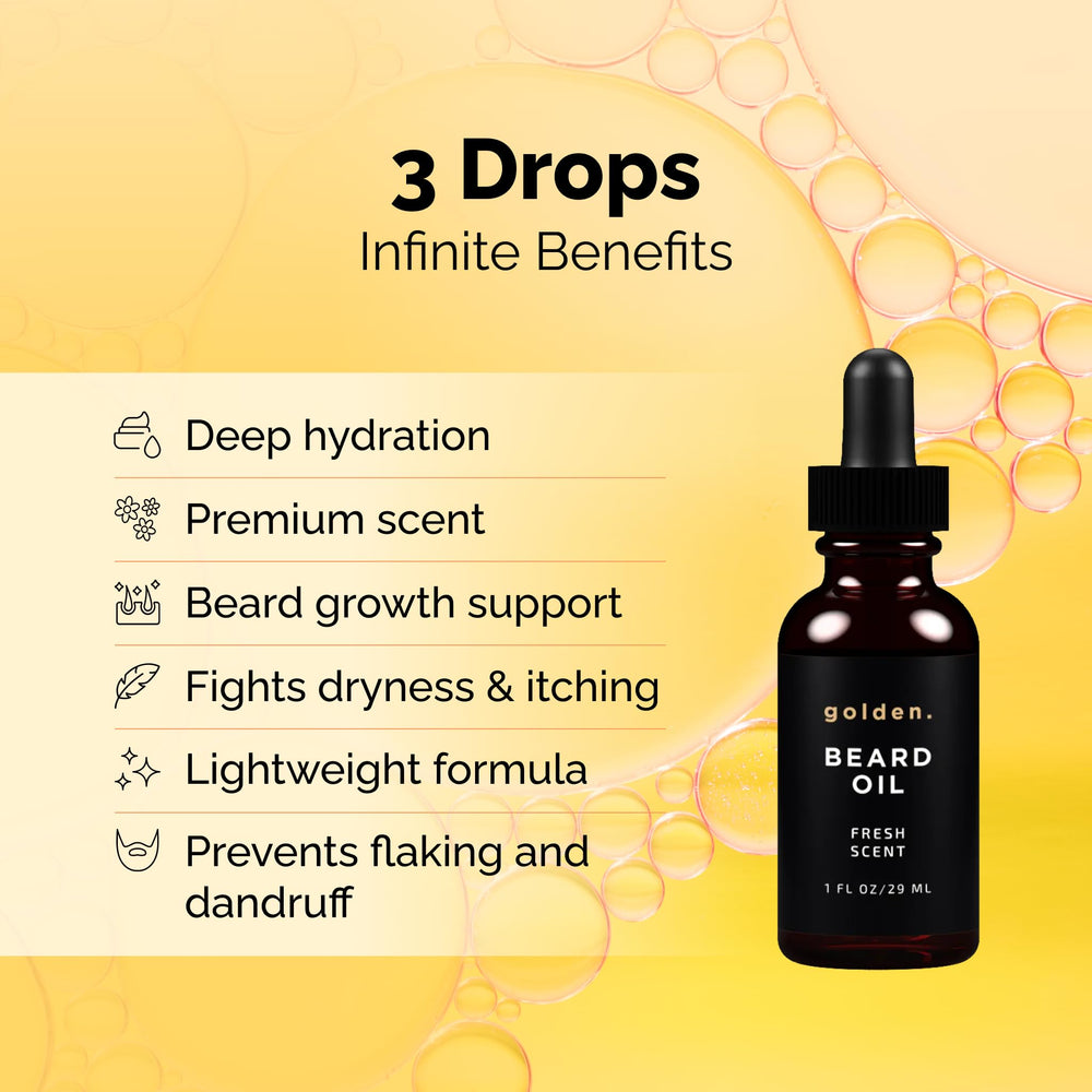 Golden Grooming Beard Oil pour shot highlights quick absorption and non-greasy feel.
