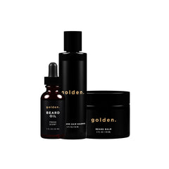 Golden Grooming Co. beard oil bottle hydrates and nourishes coarse beards