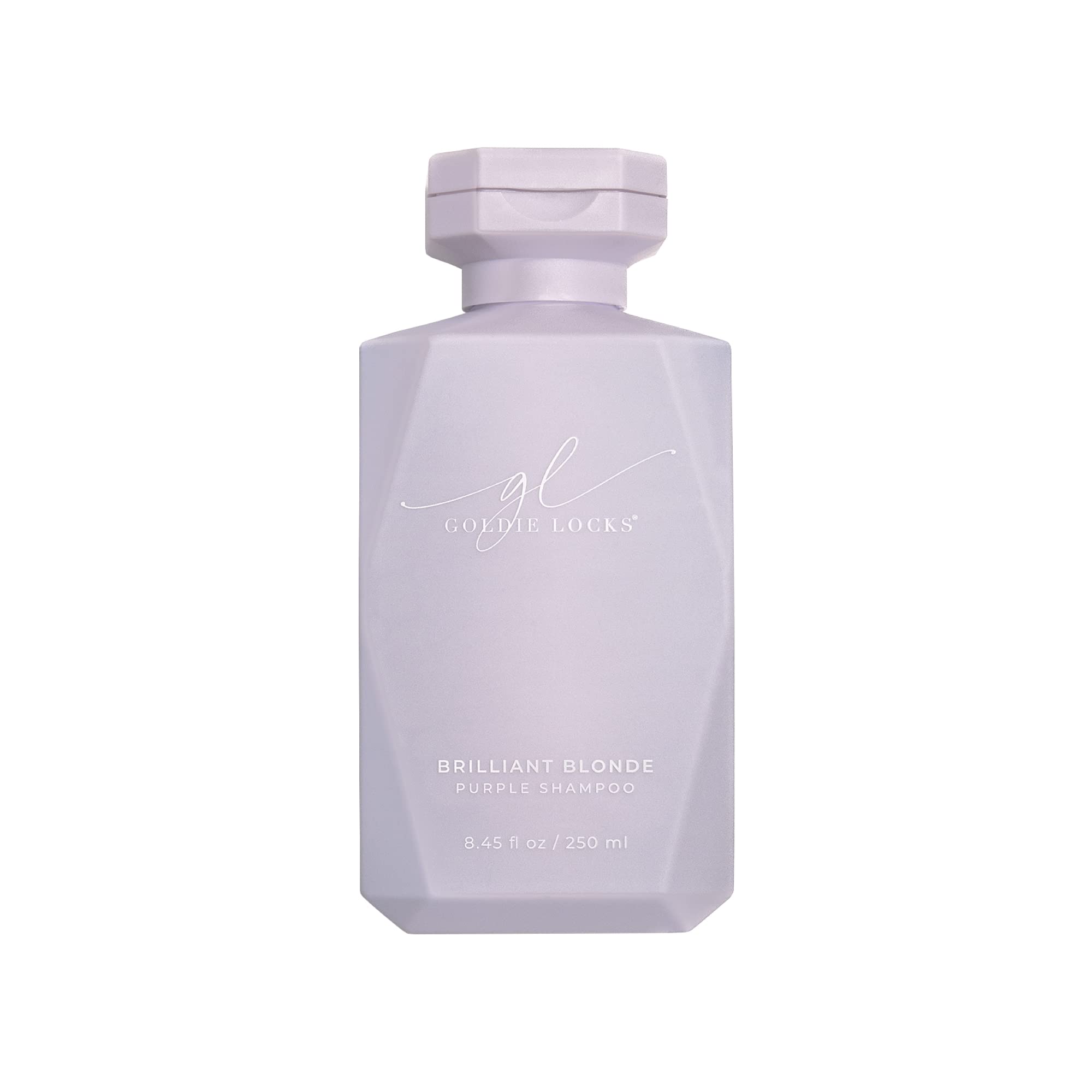 Goldie Locks Brilliant Blonde Purple Shampoo bottle shows violet tones for brass-neutralizing on color-treated hair.