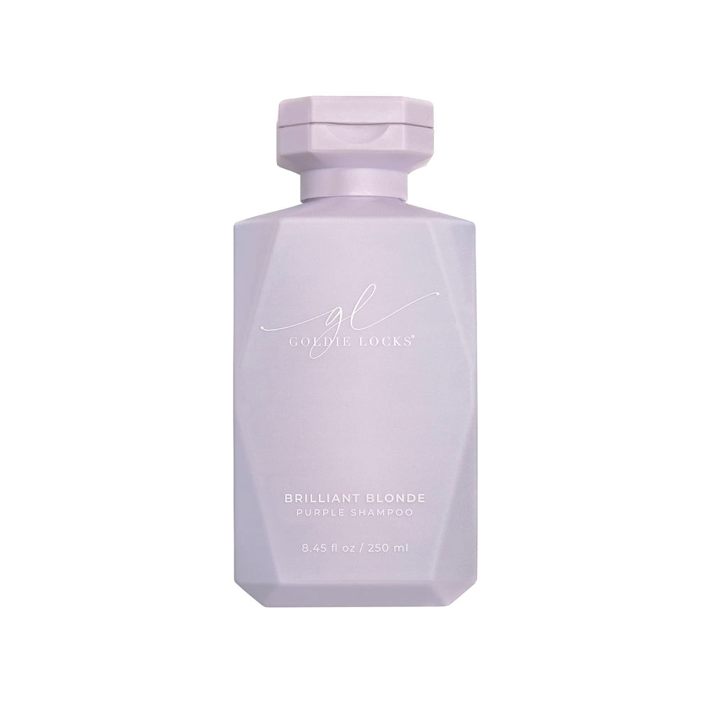 Goldie Locks Brilliant Blonde Purple Shampoo bottle shows violet tones for brass-neutralizing on color-treated hair.