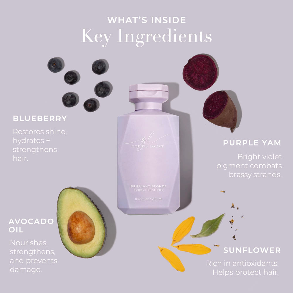 Goldie Locks Brilliant Blonde Purple Shampoo keeps frizz down for sleek, touchable hair.