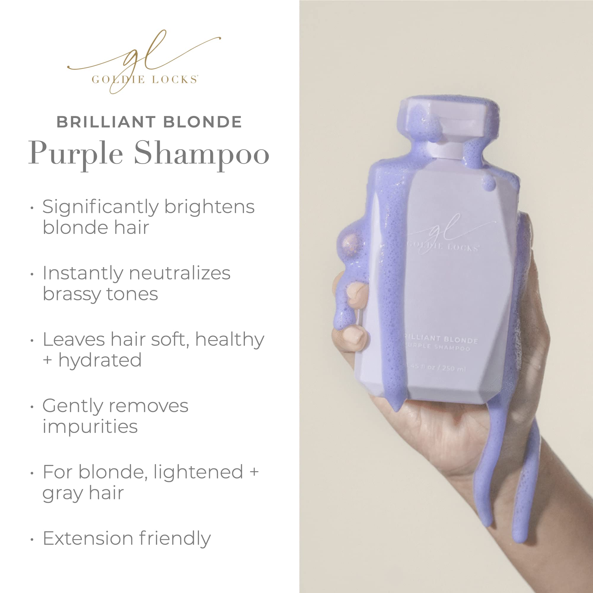Goldie Locks Brilliant Blonde Purple Shampoo lather forms rich foam while brightening dull-looking strands.