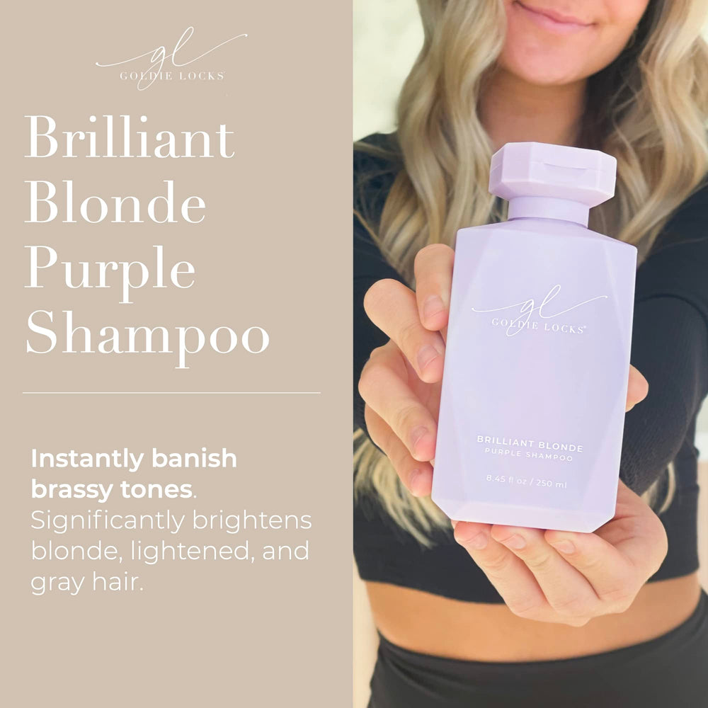 Goldie Locks Brilliant Blonde Purple Shampoo pump demonstrates easy, controlled application for consistent cleansing.