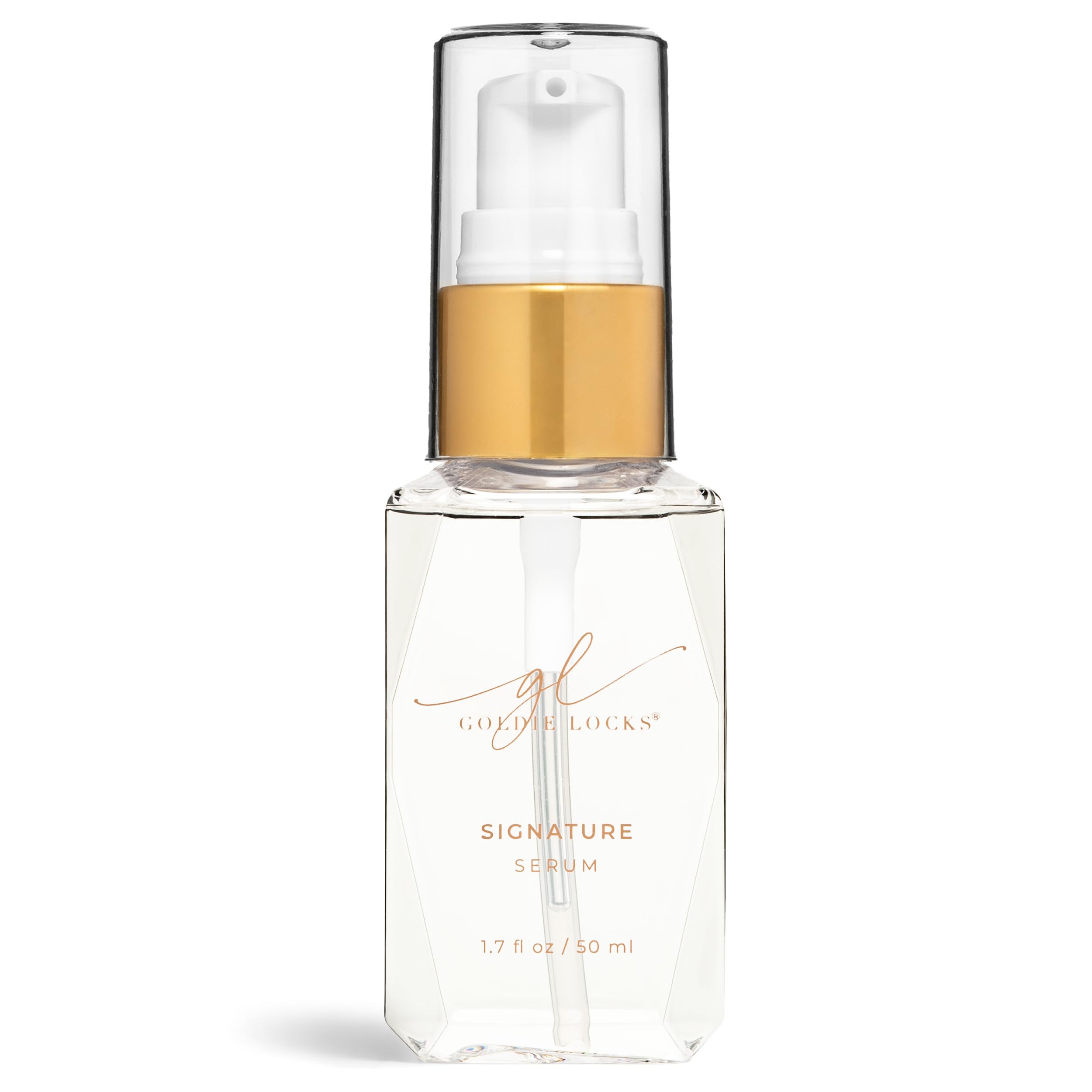 Goldie Locks Signature Serum bottle-application shows frizz control and radiant shine.