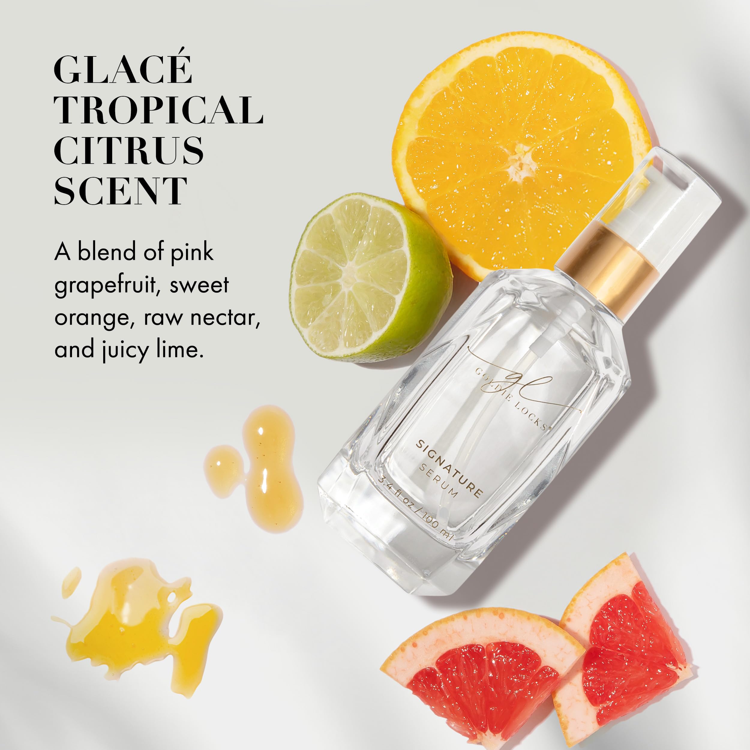 Goldie Locks Signature Serum bottle demonstrates heat protection without weighing hair down.