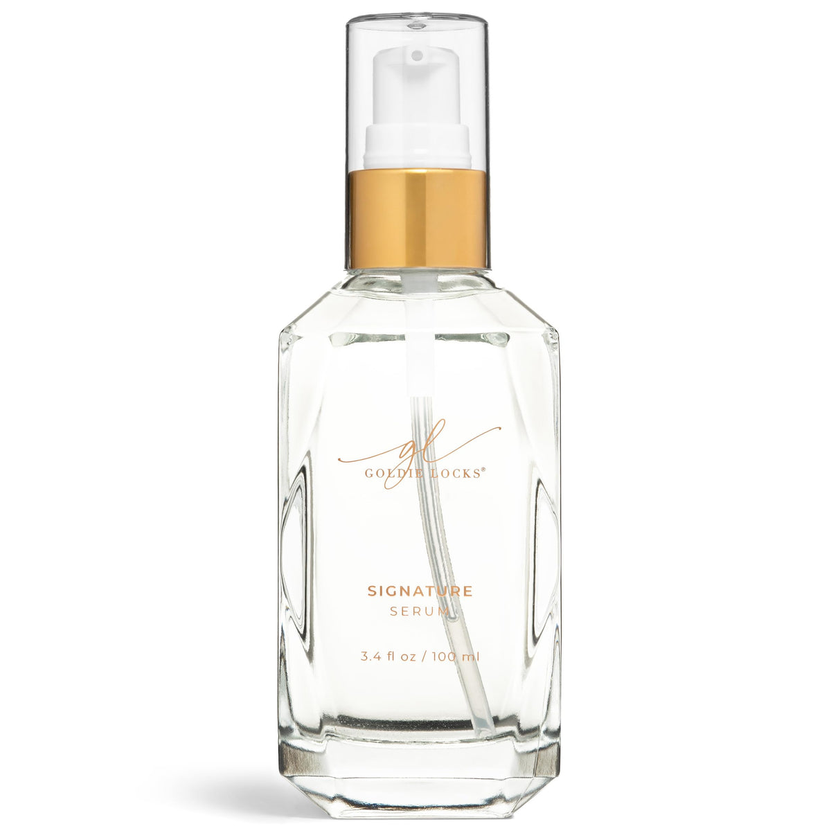 Goldie Locks Signature Serum frizz-control bottle pour enhances sleek, long-lasting shine.