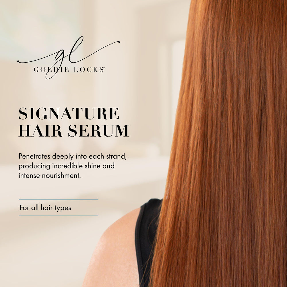 Goldie Locks Signature Serum on wet hair boosts heat styling prep with smooth glide.