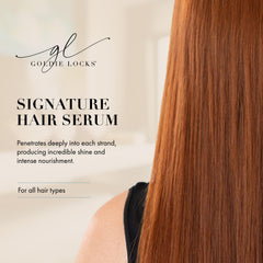 Goldie Locks Signature Serum on wet hair boosts heat styling prep with smooth glide.