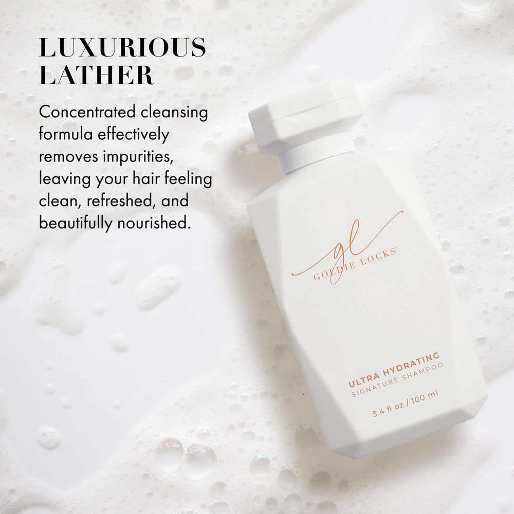 Goldie Locks shampoo with marula oil and white truffle visuals symbolizing nourishment and shine
