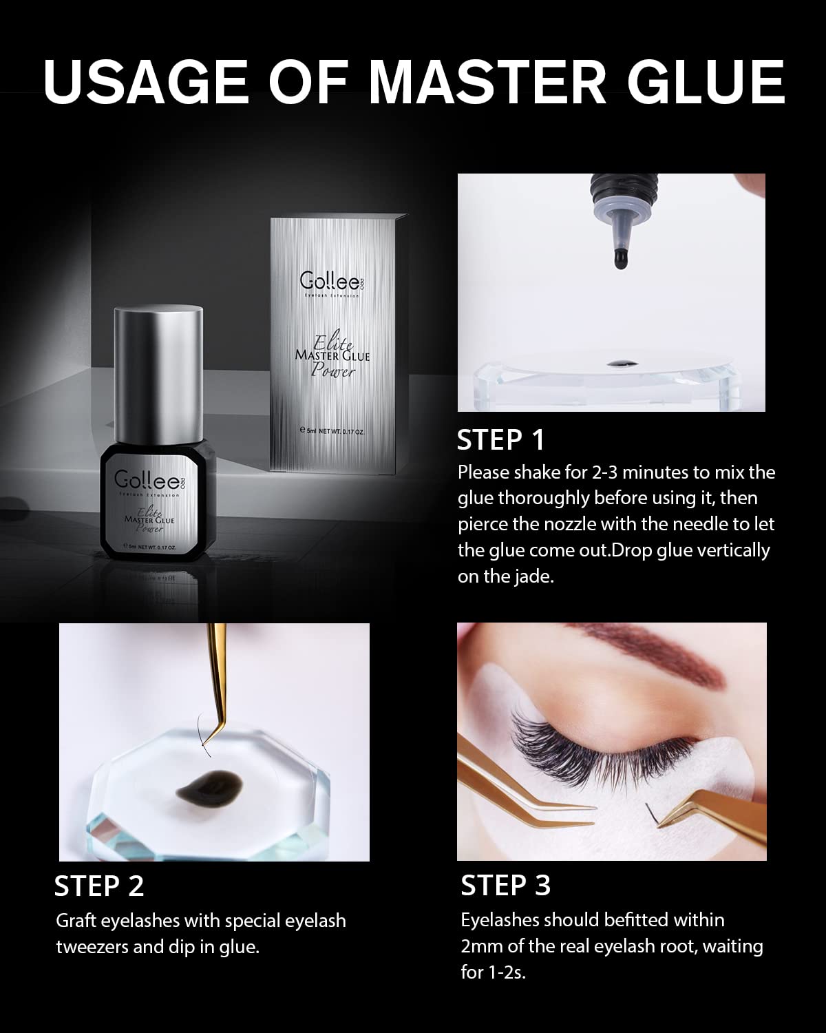 GOLLEEPRO black adhesive demonstrates waterproof formula for long-lasting extensions.