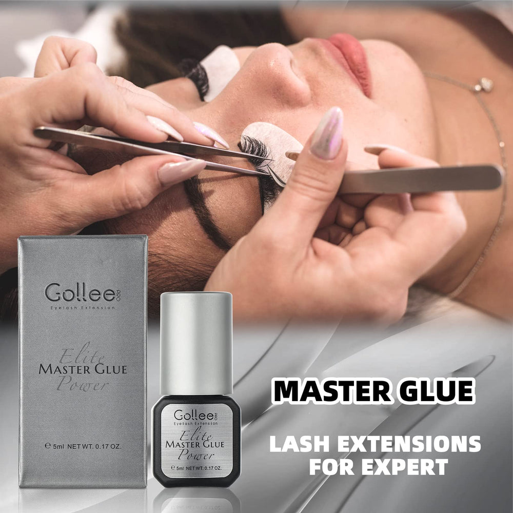 GOLLEEPRO eyelash glue bottle closeup highlights 0.5 sec dry time for quick appointments.