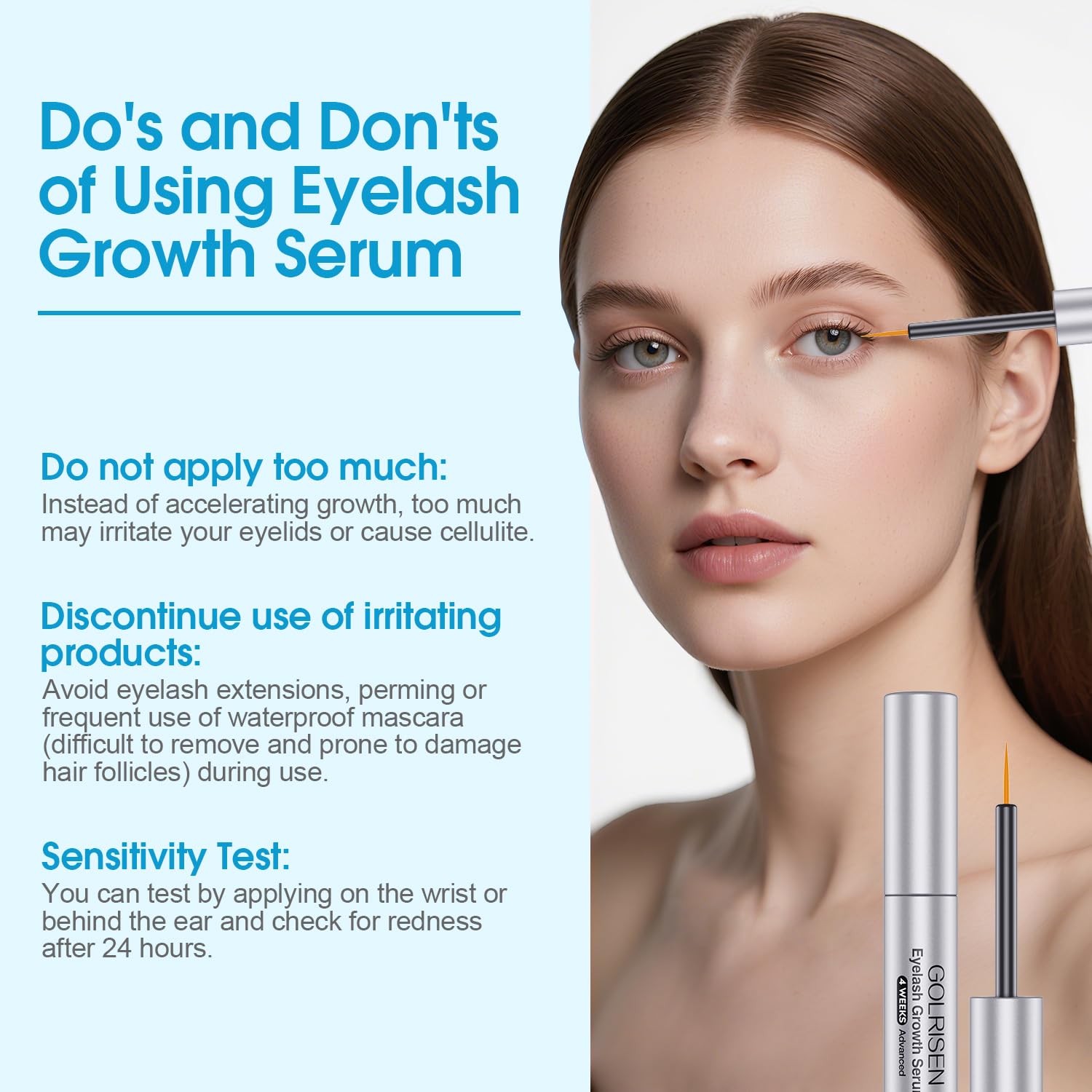GOLRISEN applicator brushing along upper lash line before bedtime.