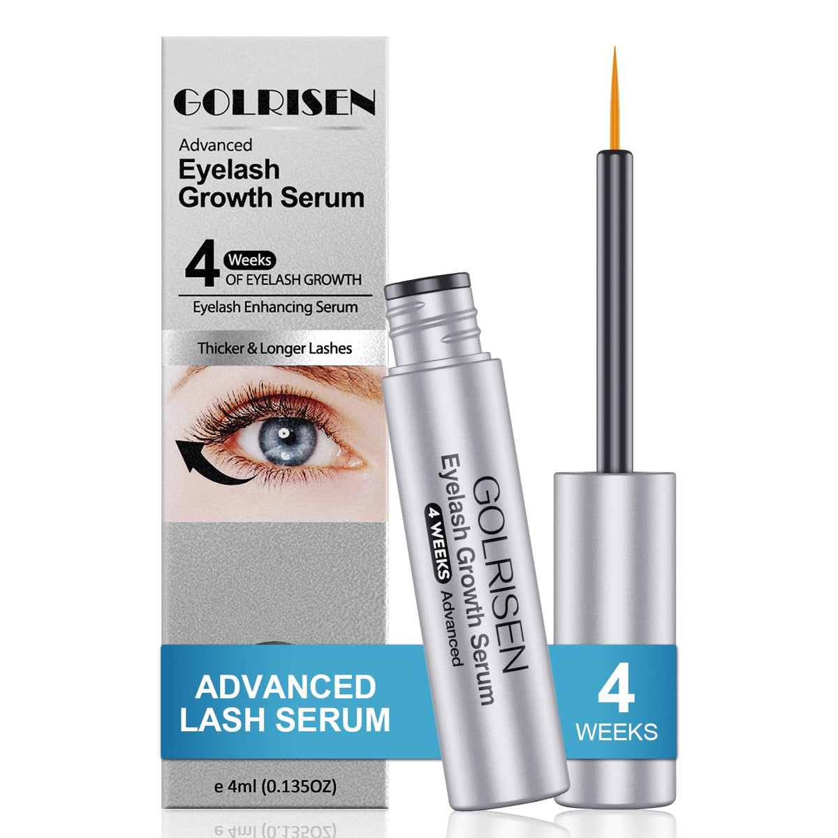 GOLRISEN Eyelash Growth Serum bottle close-up for longer-looking lashes.