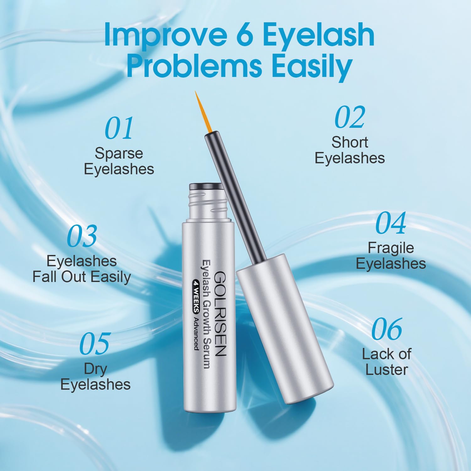 GOLRISEN plant peptides shown as lash-supporting ingredients in close-up.