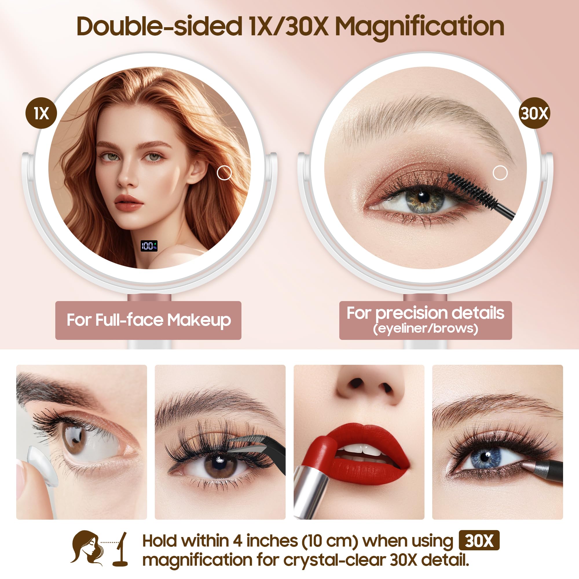 GOMIPURU makeup magnifying mirror with three color lighting modes for true-to-tone previews.