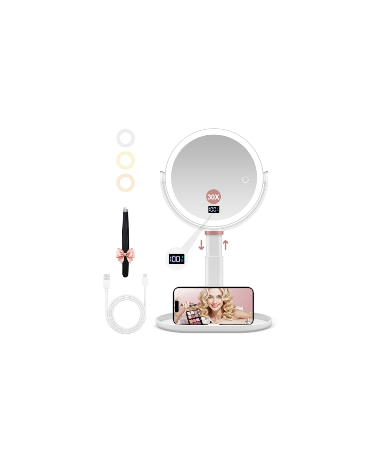 GOMIPURU makeup magnifying mirror shows 30x and 1x sides for precision grooming.