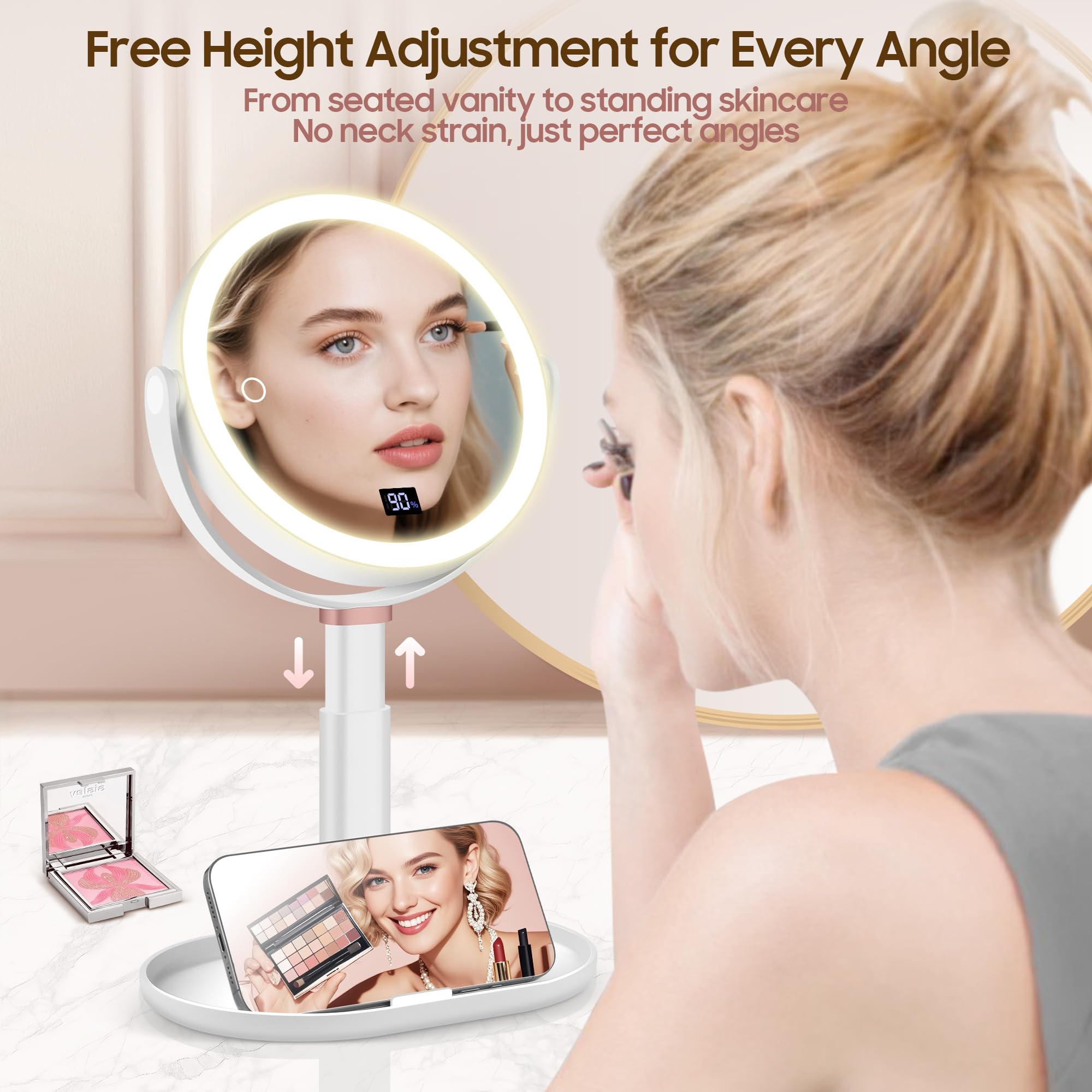 GOMIPURU mirror includes storage tray and phone stand for hands-free tutorials.