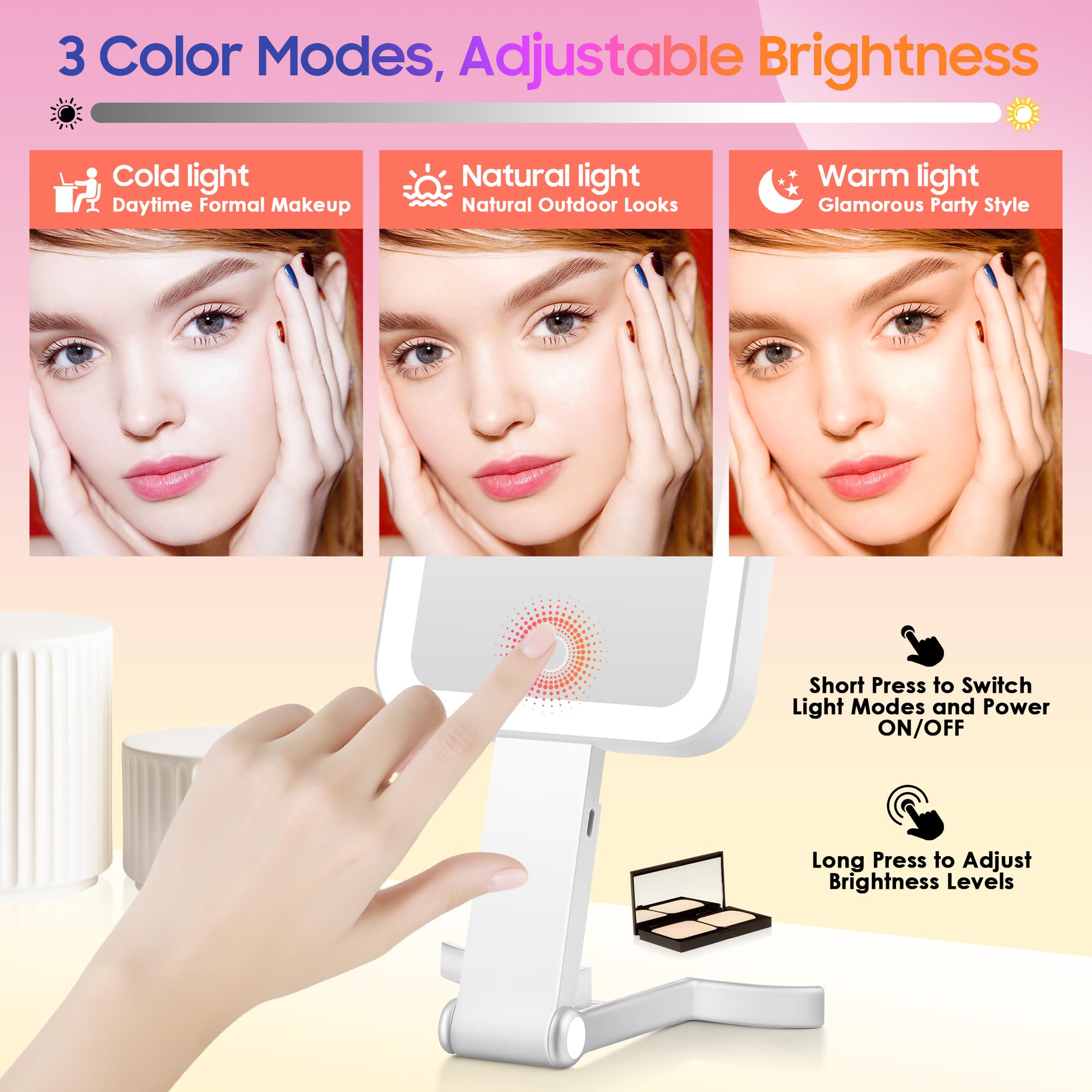GOMIPURU square-design mirror offers a wider reflection area for full-face makeup.