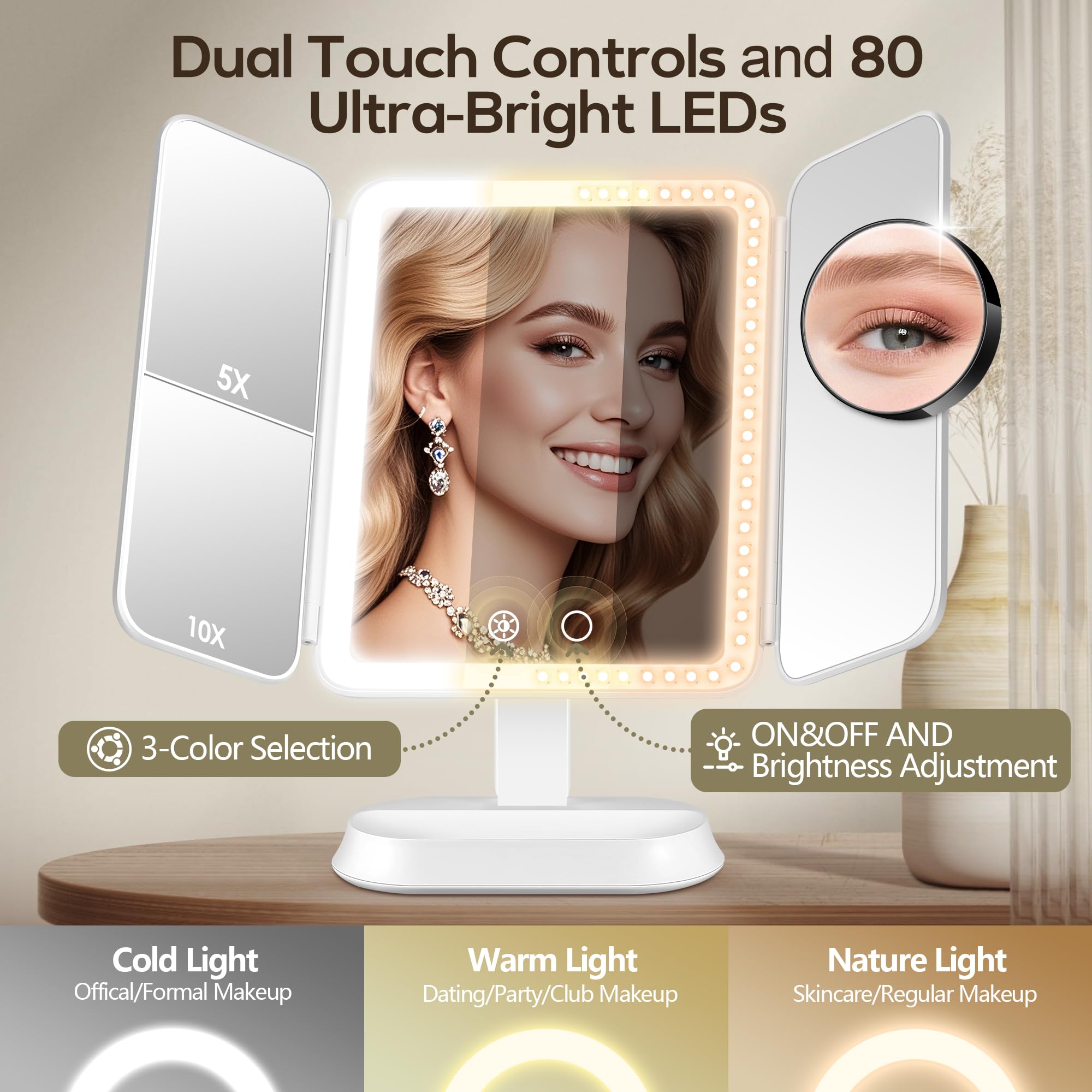 GOMIPURU vanity mirror with lights 5x magnification assists blending and base perfection.